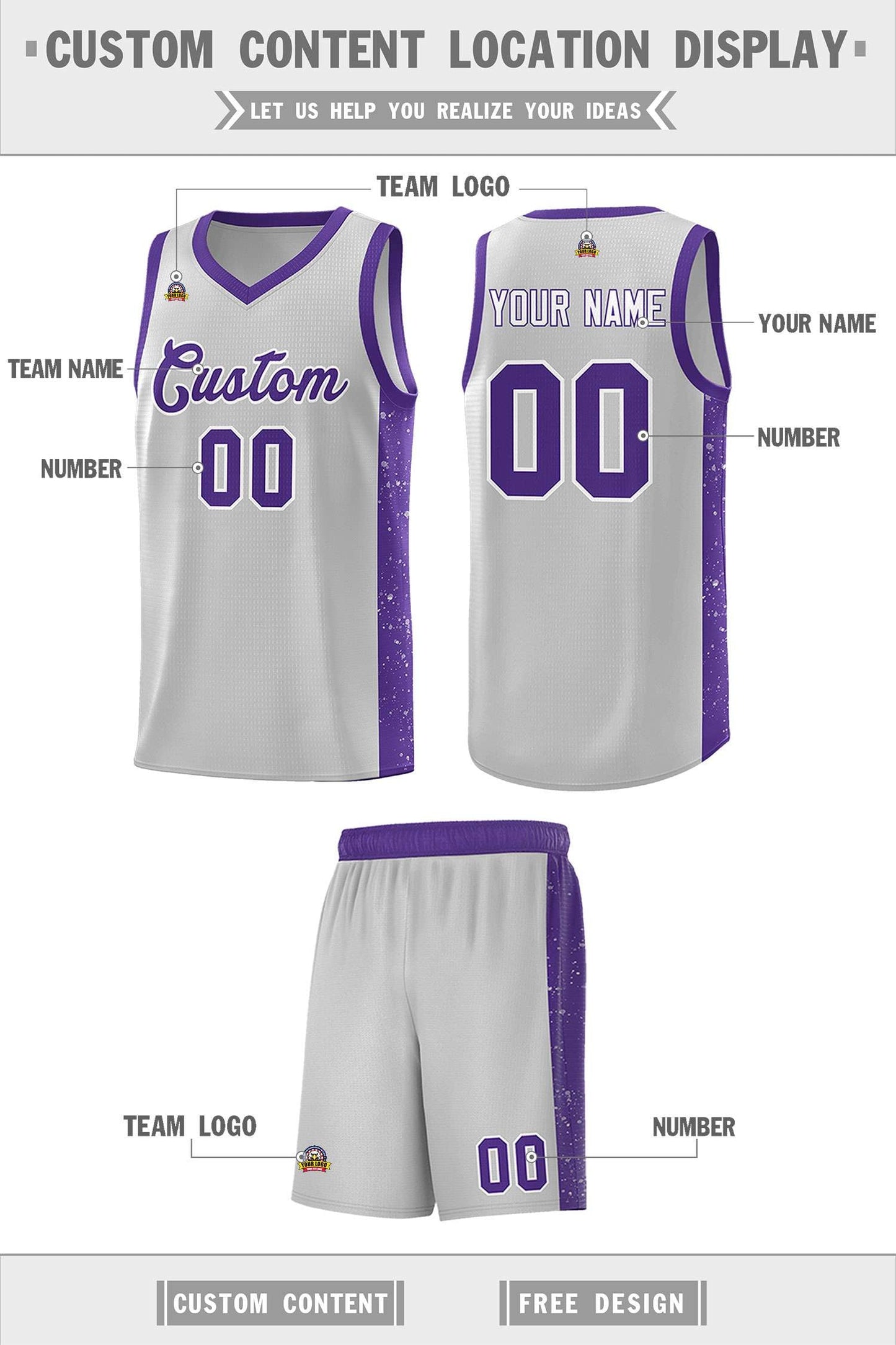 Custom Gray Purple-White Side Splash Sports Uniform Basketball Jersey