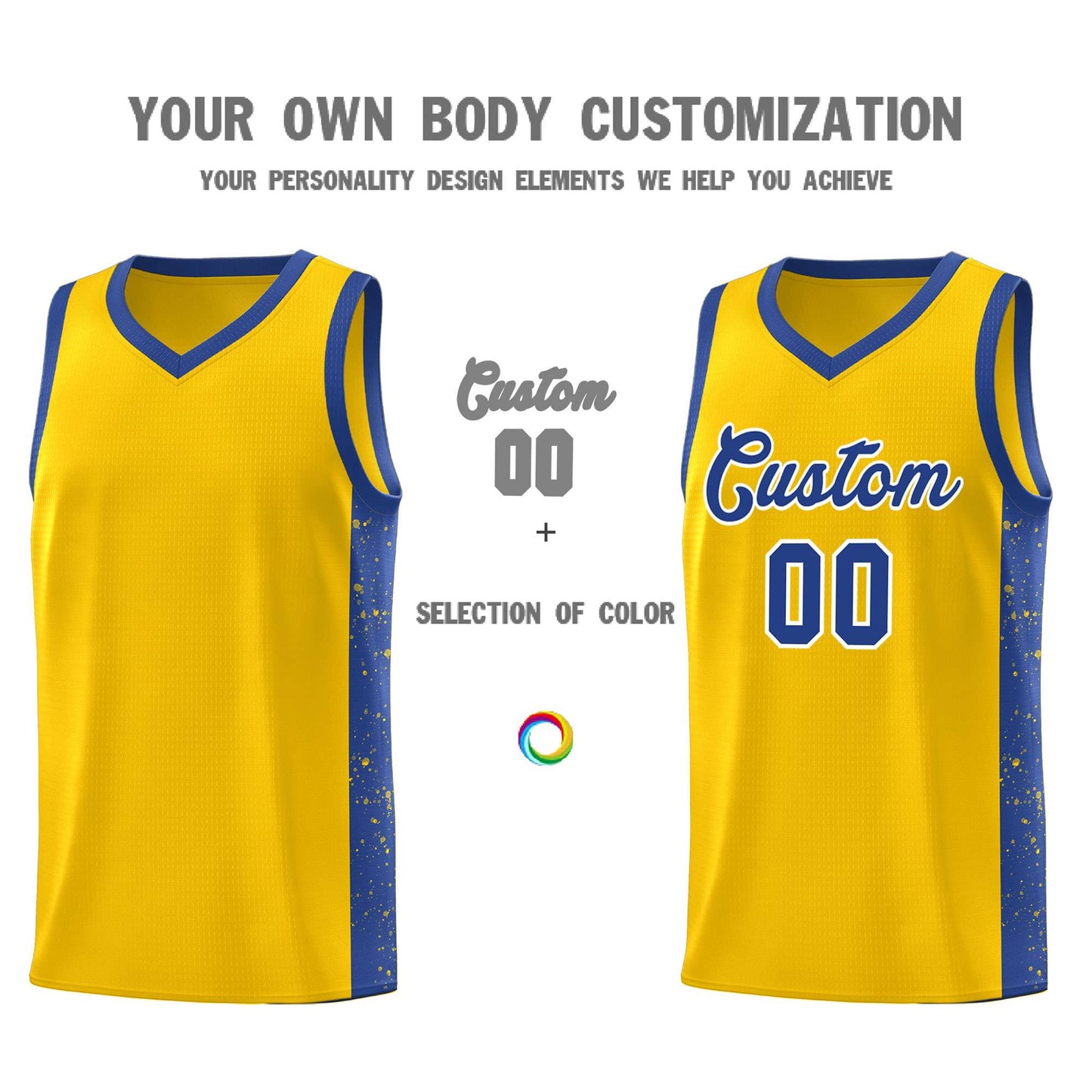 Custom Gold Royal-White Side Splash Sports Uniform Basketball Jersey