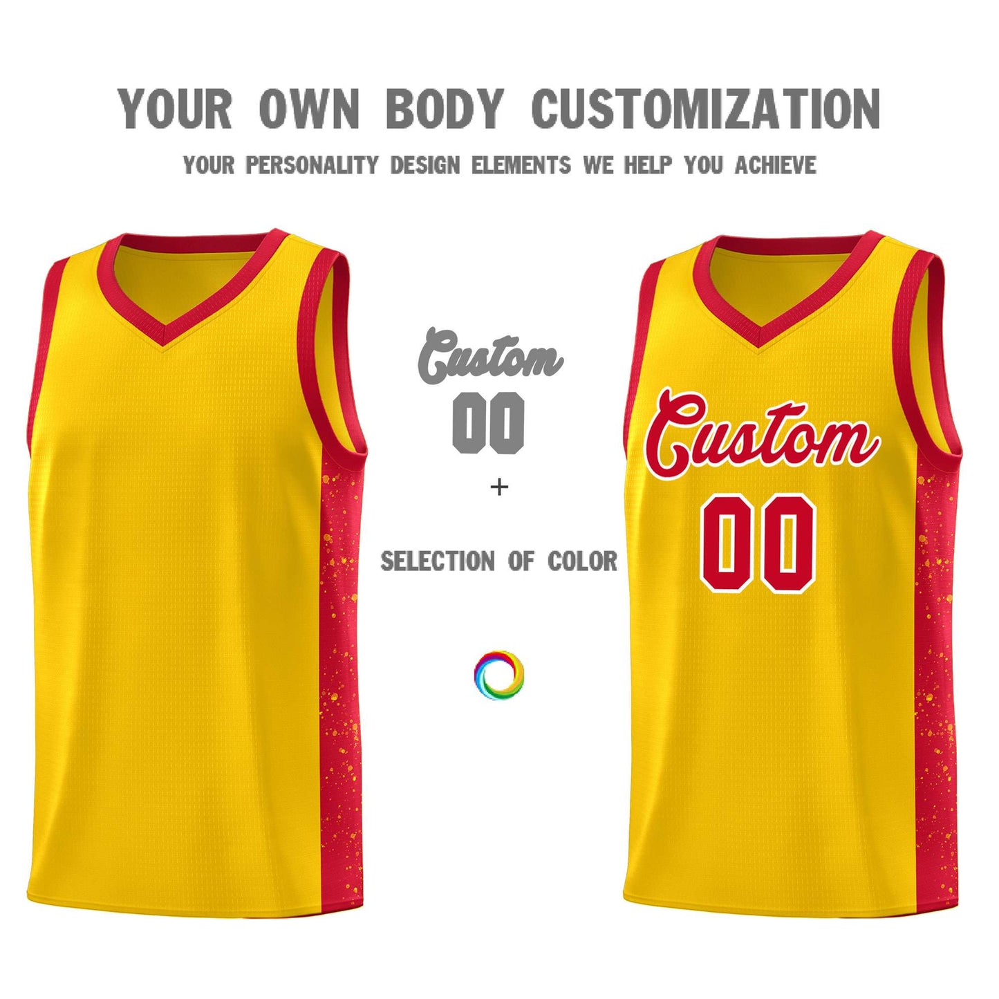 Custom Gold Red-White Side Splash Sports Uniform Basketball Jersey