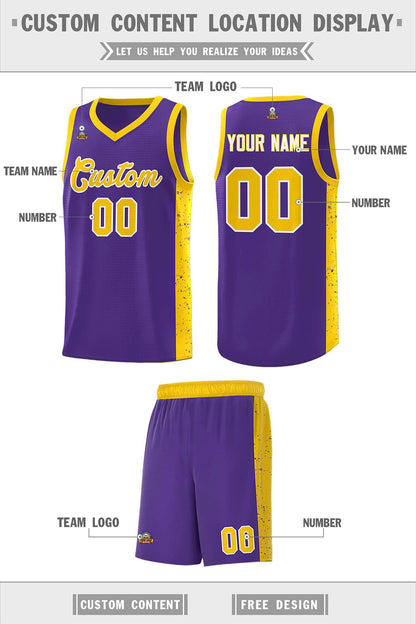 Custom Purple Gold-White Side Splash Sports Uniform Basketball Jersey