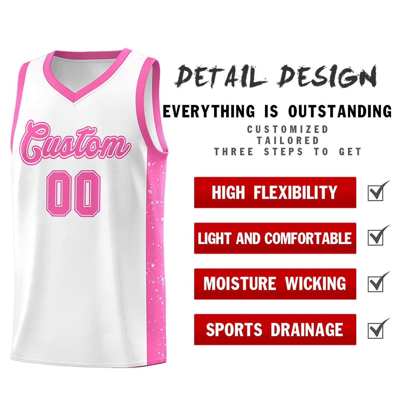 Custom White Pink Side Splash Sports Uniform Basketball Jersey