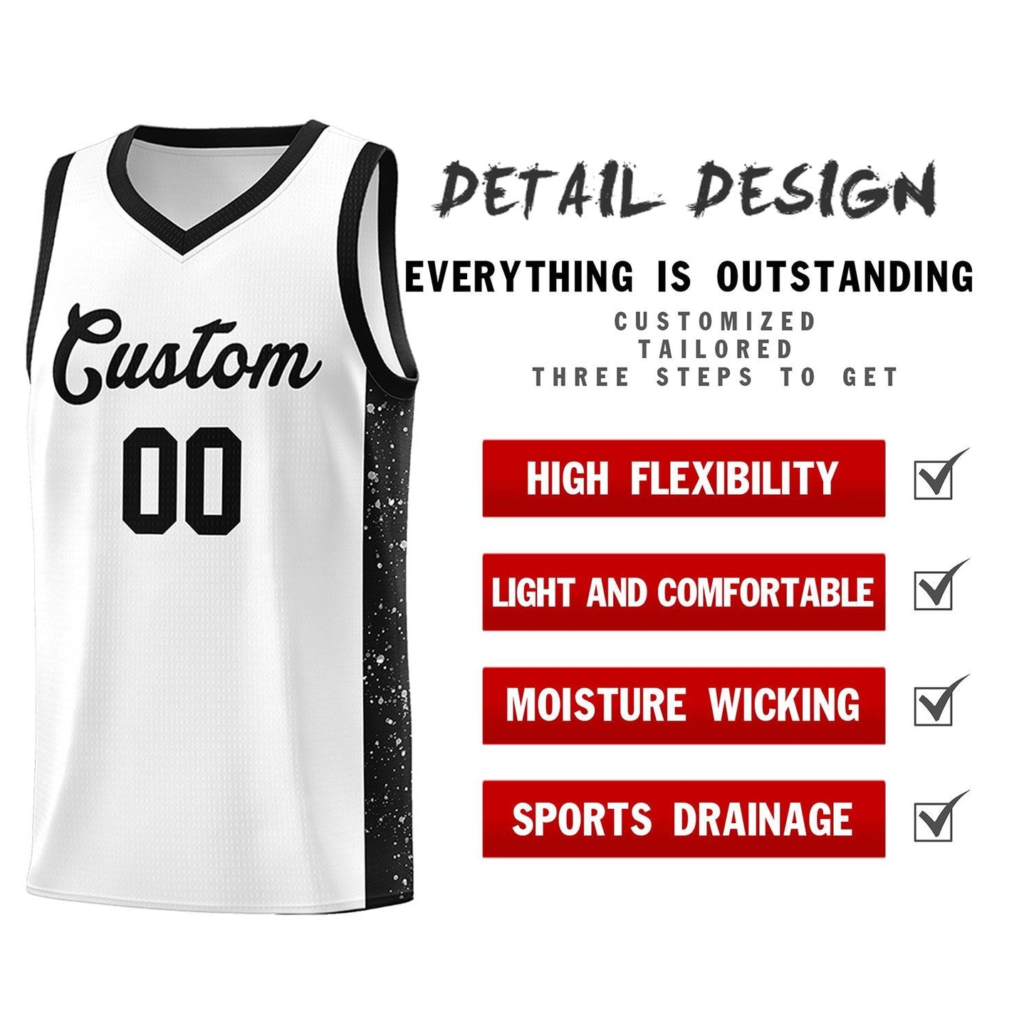 Custom White Black Side Splash Sports Uniform Basketball Jersey