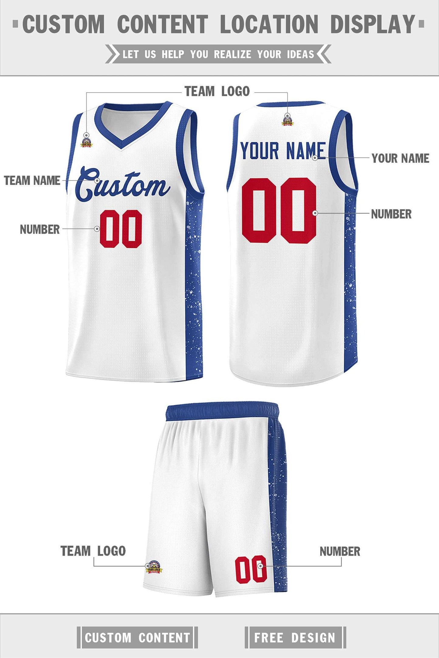 Custom White Royal Side Splash Sports Uniform Basketball Jersey