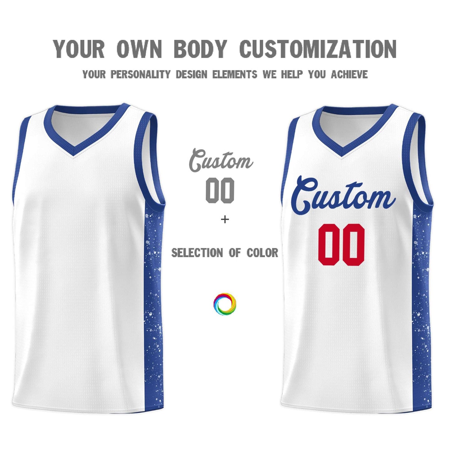 Custom White Royal Side Splash Sports Uniform Basketball Jersey