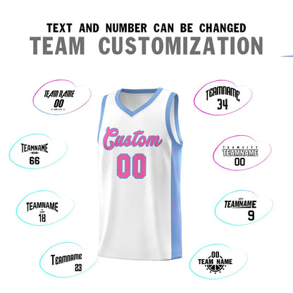 Custom White Pink-Light Blue Side Splash Sports Uniform Basketball Jersey