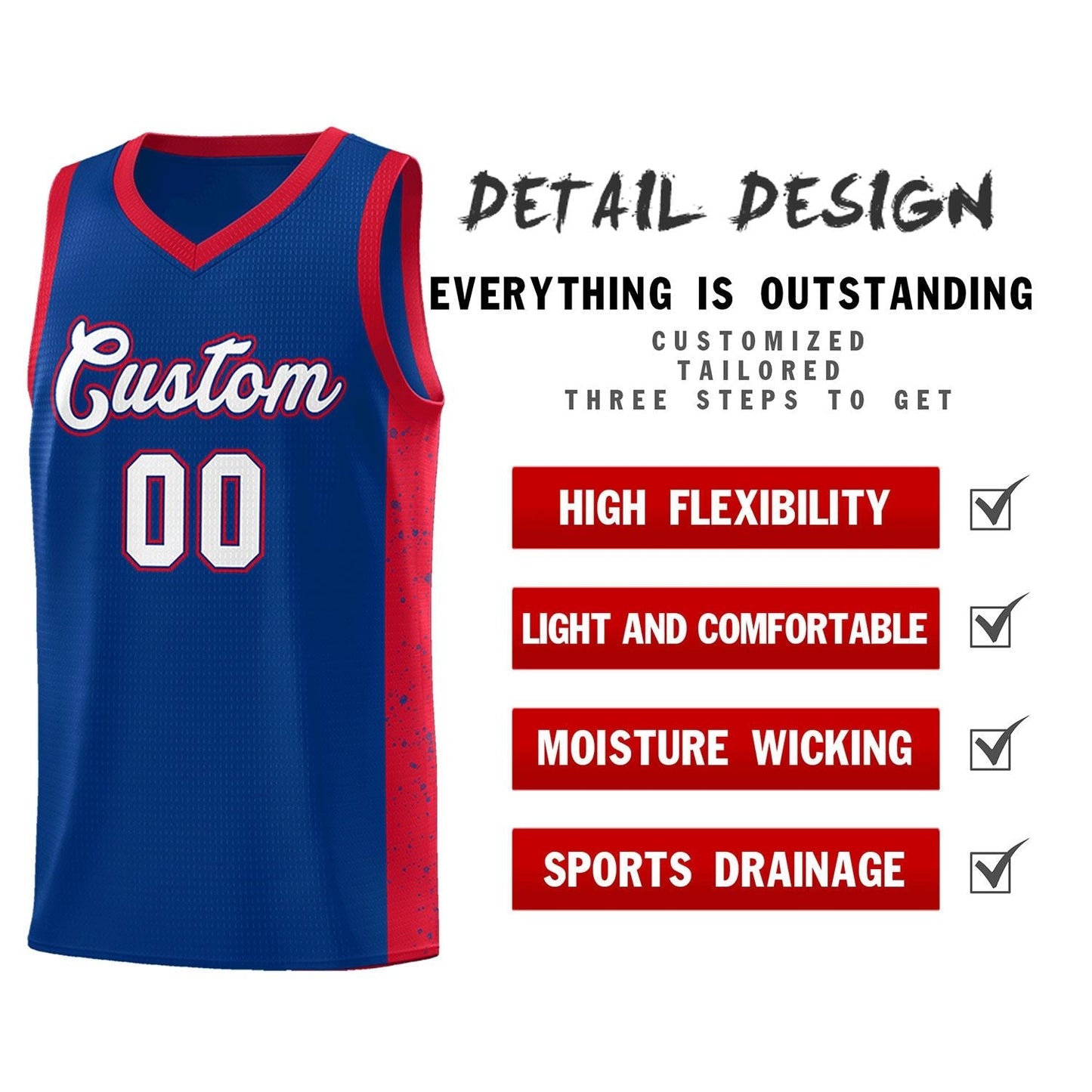 Custom Royal White-Royal Side Splash Sports Uniform Basketball Jersey