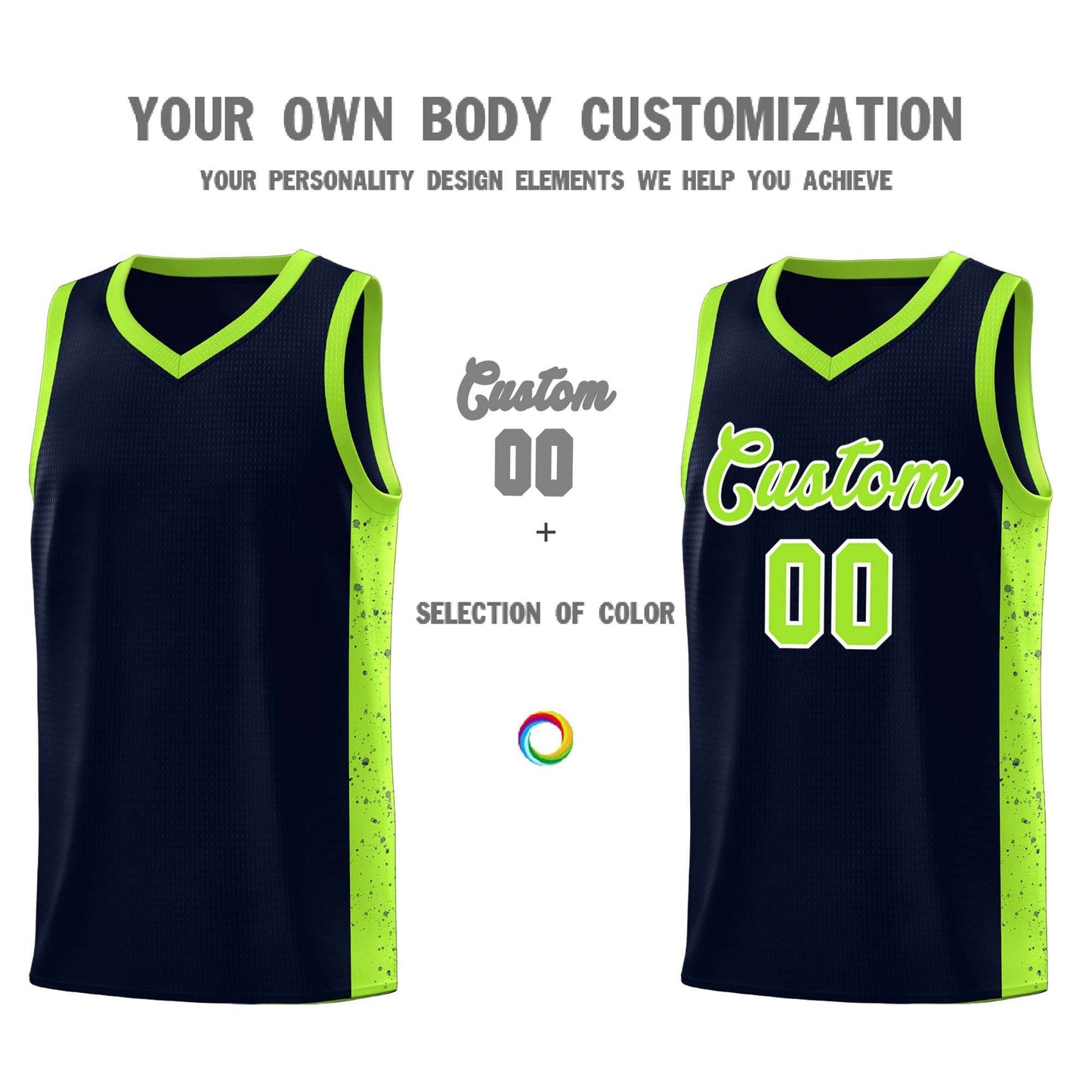 Custom Navy Neon Green-White Side Splash Sports Uniform Basketball Jersey