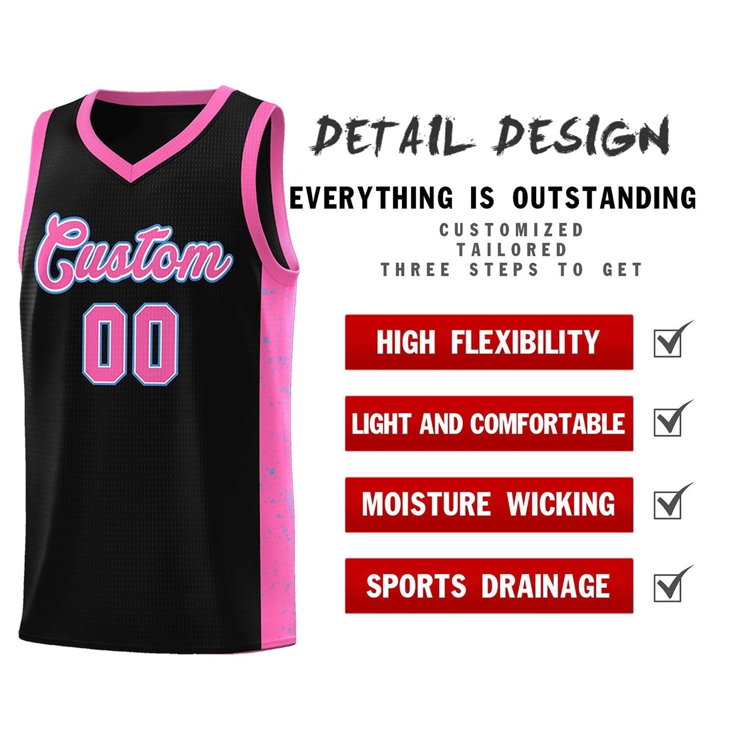 Custom Black Pink-White Side Splash Sports Uniform Basketball Jersey