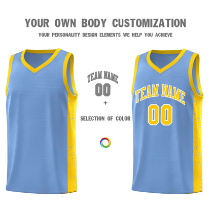 Custom Light Blue Gold-White Side Splash Sports Uniform Basketball Jersey