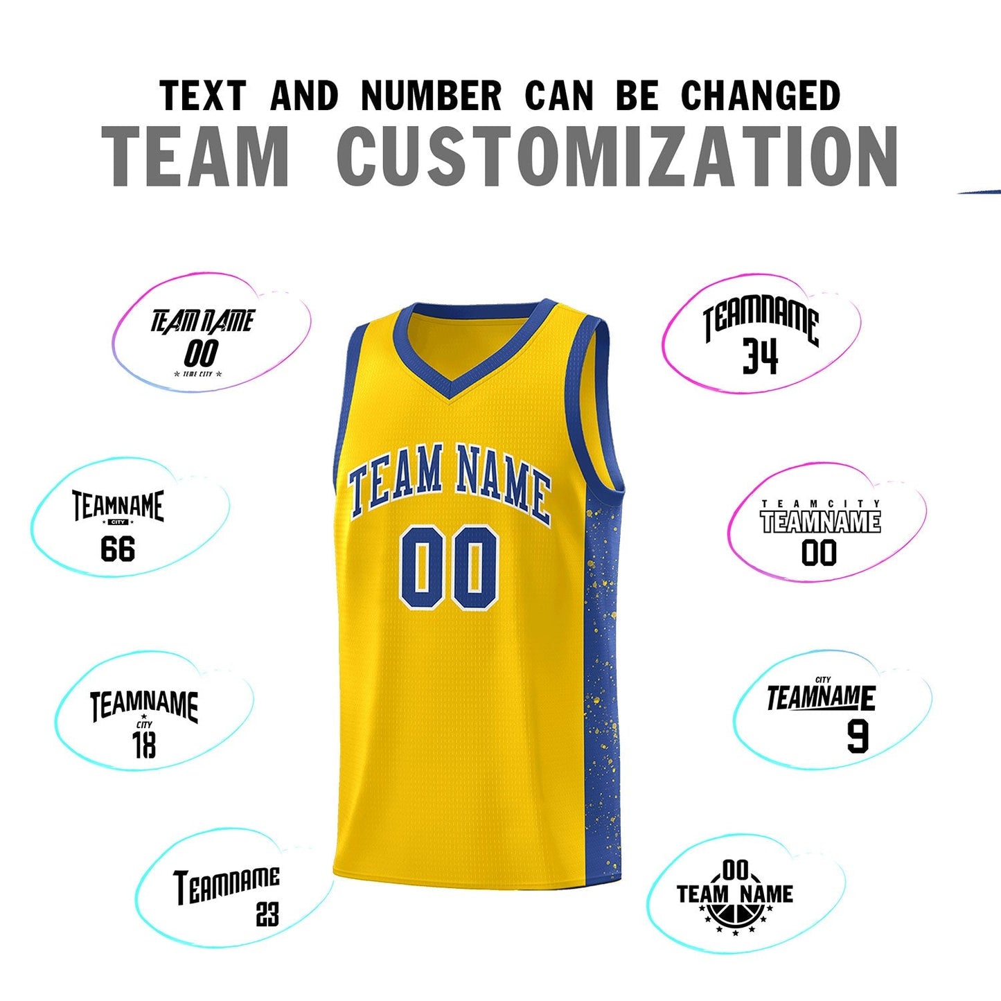 Custom Gold Royal-White Side Splash Sports Uniform Basketball Jersey