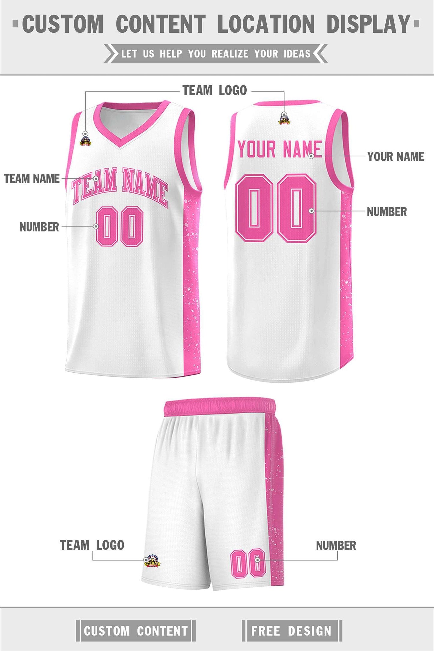 Custom White Pink Side Splash Sports Uniform Basketball Jersey