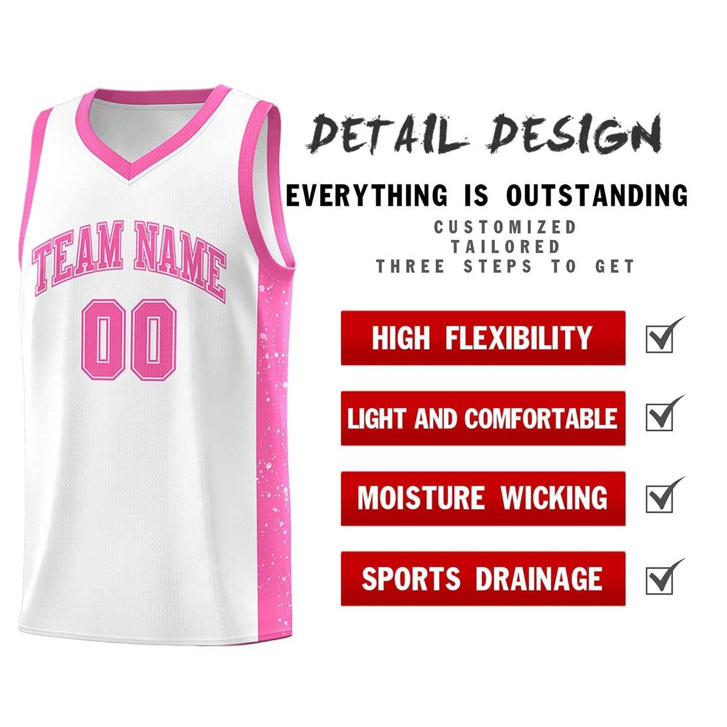 Custom White Pink Side Splash Sports Uniform Basketball Jersey