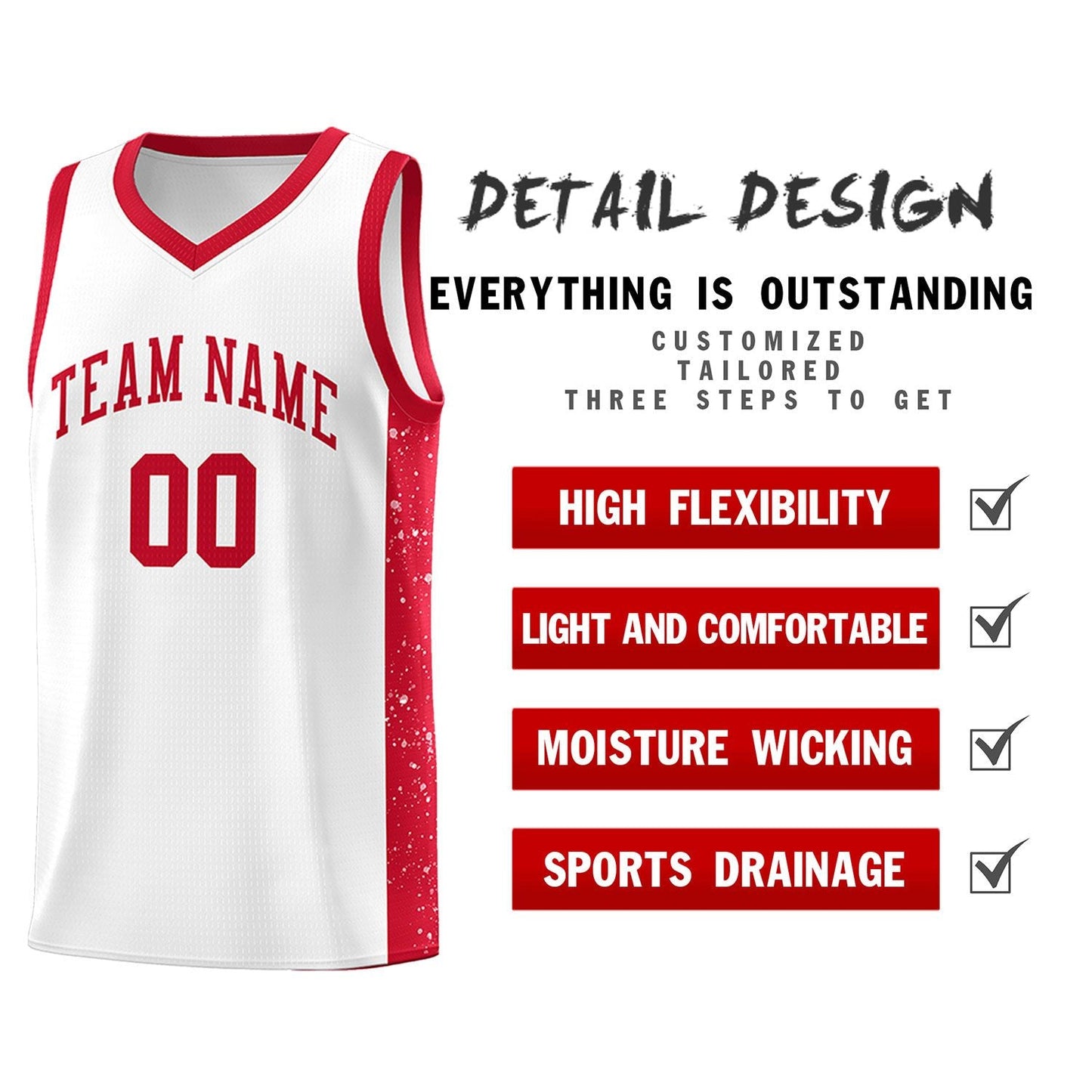 Custom White Red Side Splash Sports Uniform Basketball Jersey