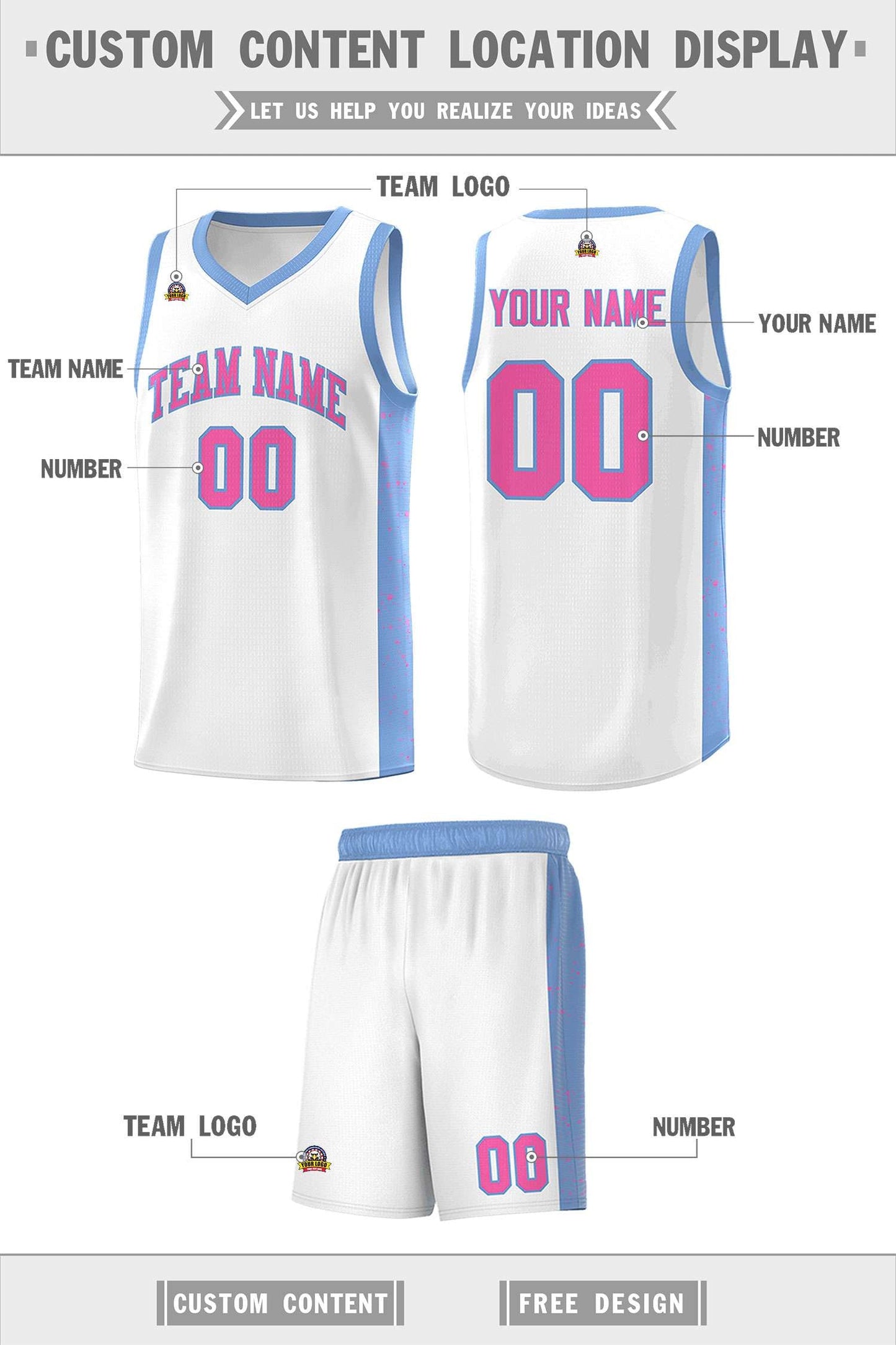 Custom White Pink-Light Blue Side Splash Sports Uniform Basketball Jersey