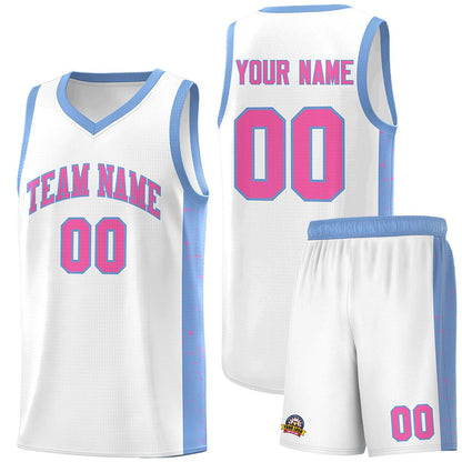 Custom White Pink-Light Blue Side Splash Sports Uniform Basketball Jersey