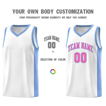 Custom White Pink-Light Blue Side Splash Sports Uniform Basketball Jersey