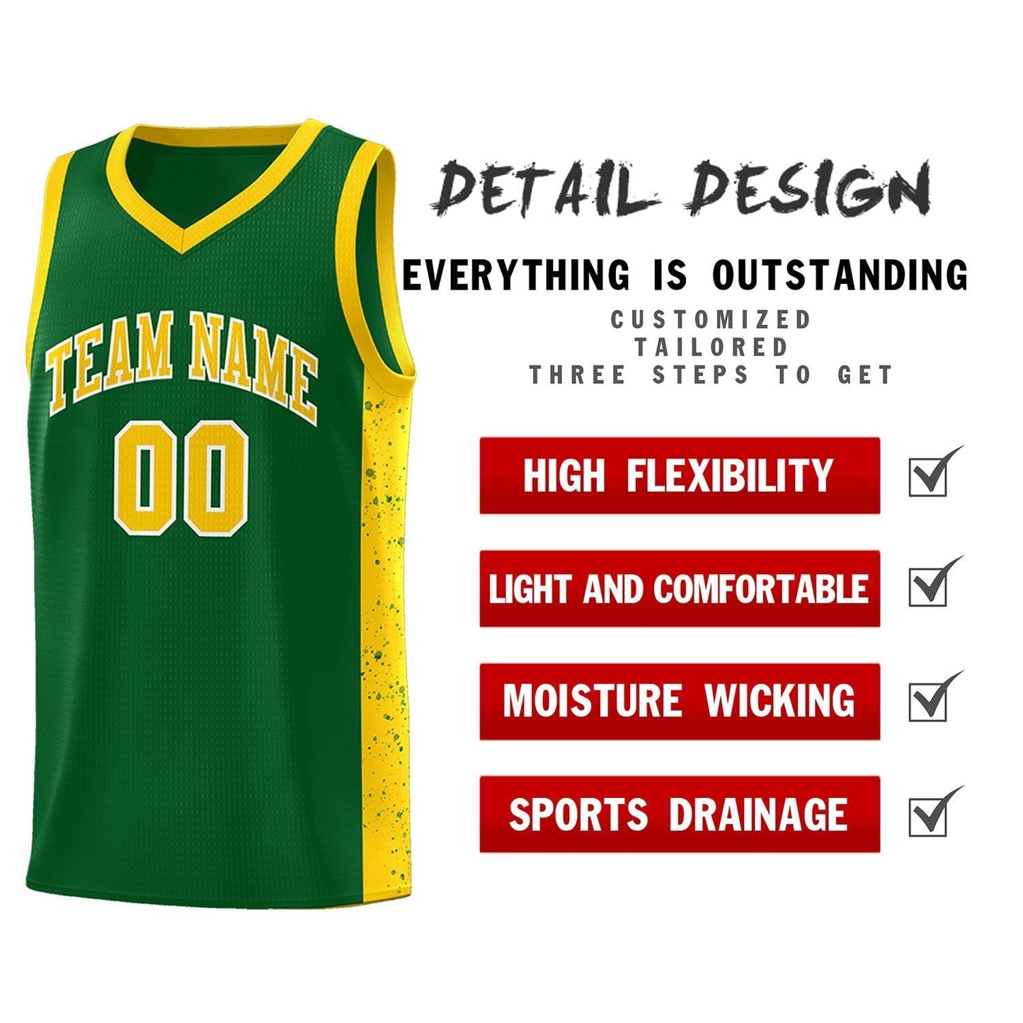 Custom Green Gold-White Side Splash Sports Uniform Basketball Jersey