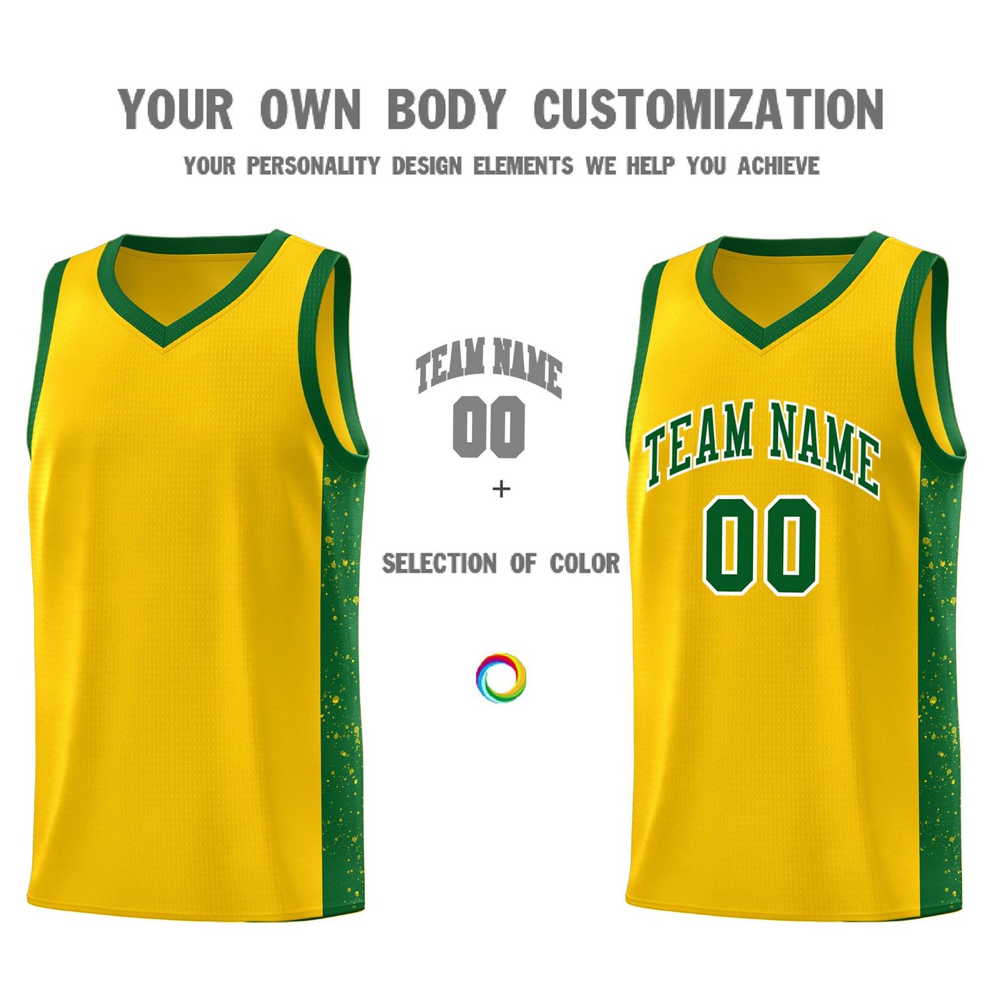 Custom Yellow Green-White Side Splash Sports Uniform Basketball Jersey