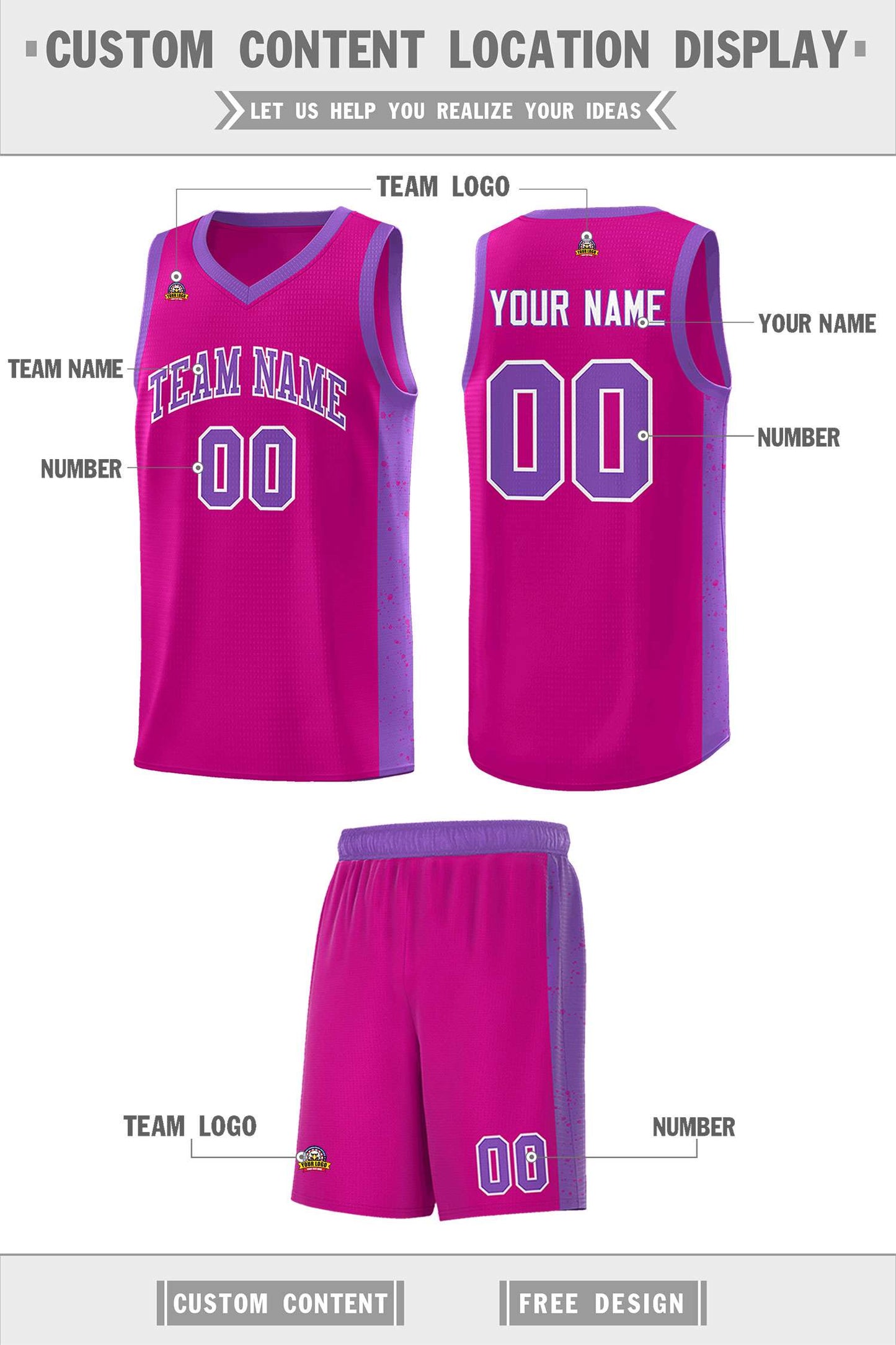 Custom Rose Red Purple-White Side Splash Sports Uniform Basketball Jersey