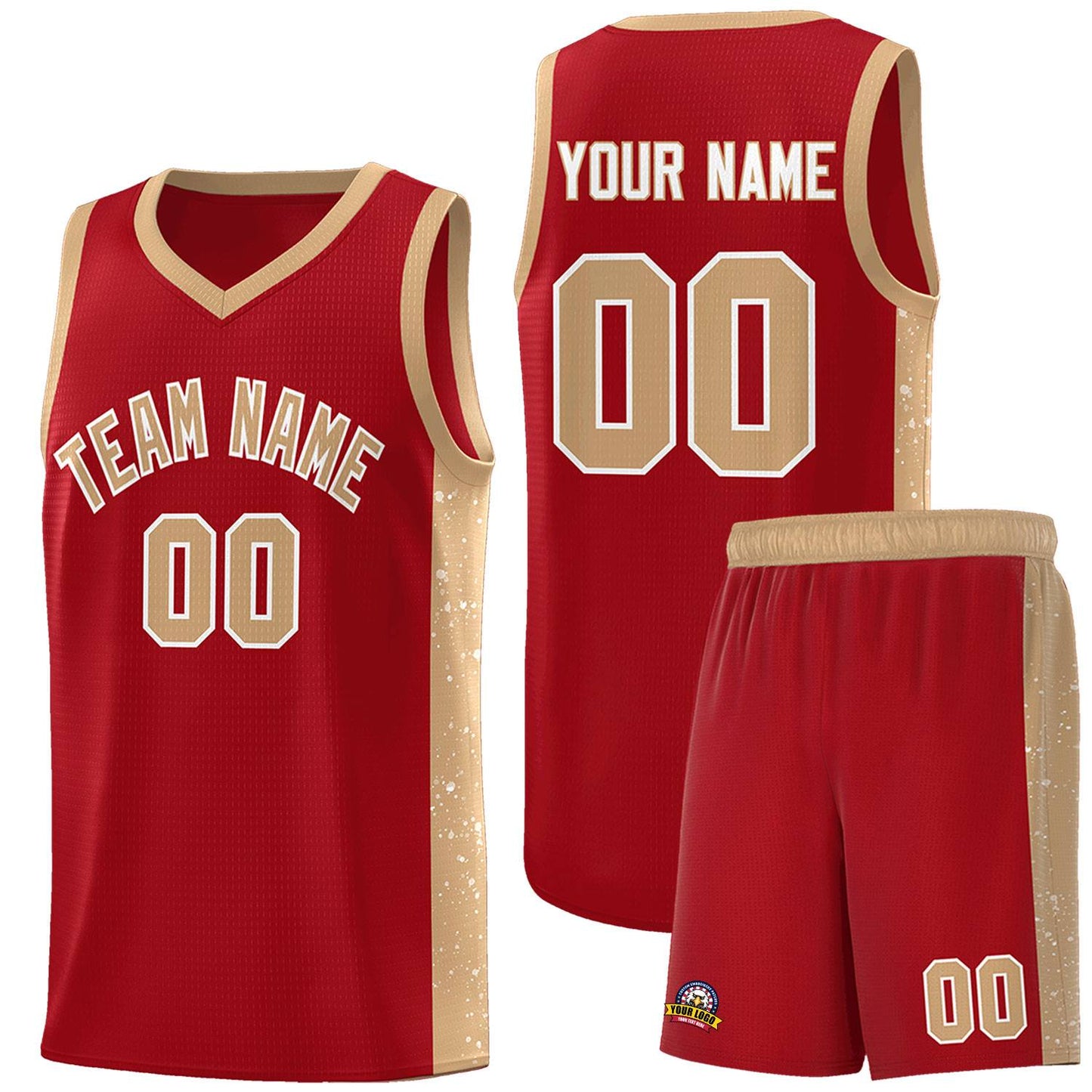 Custom Red Old Gold-White Side Splash Sports Uniform Basketball Jersey