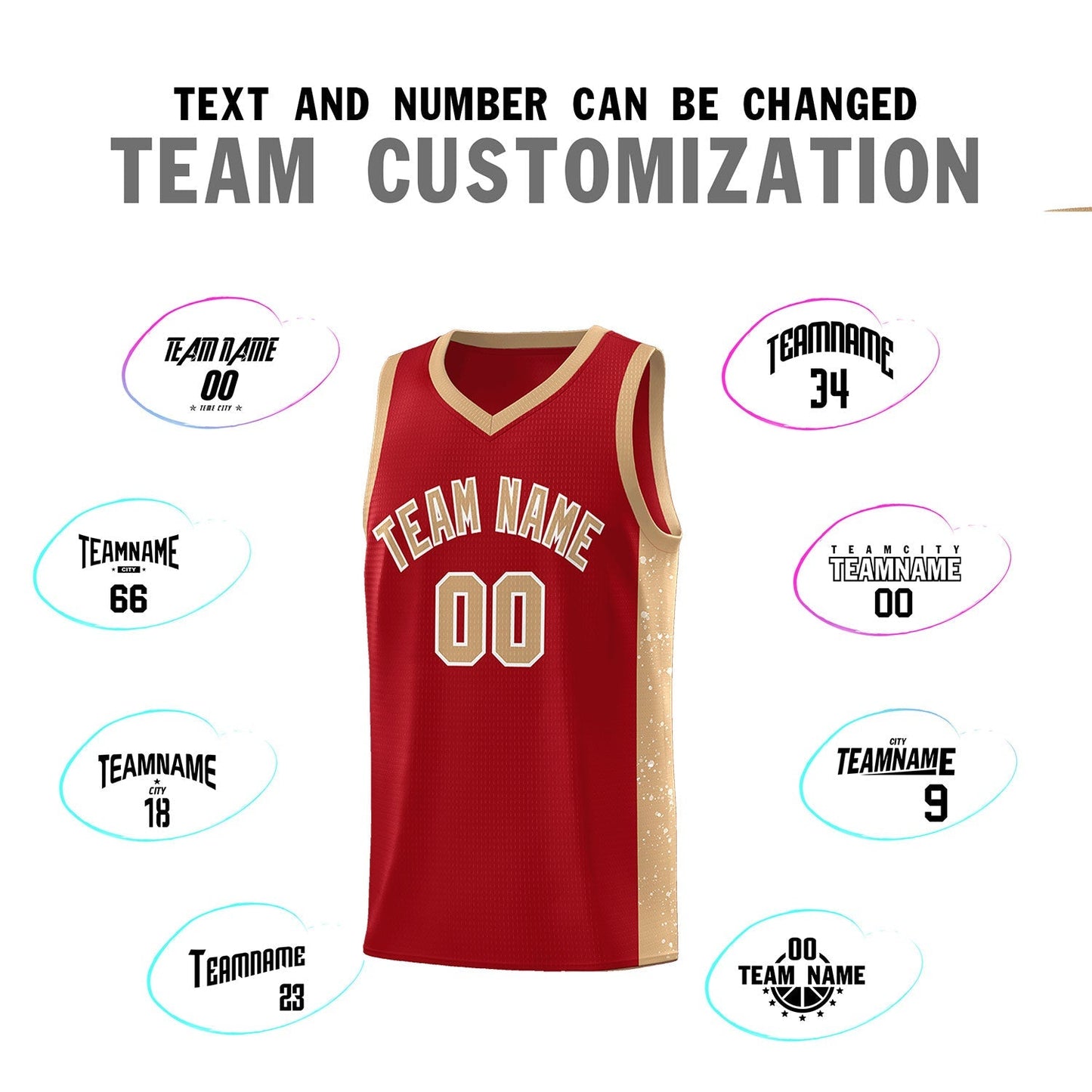 Custom Red Old Gold-White Side Splash Sports Uniform Basketball Jersey