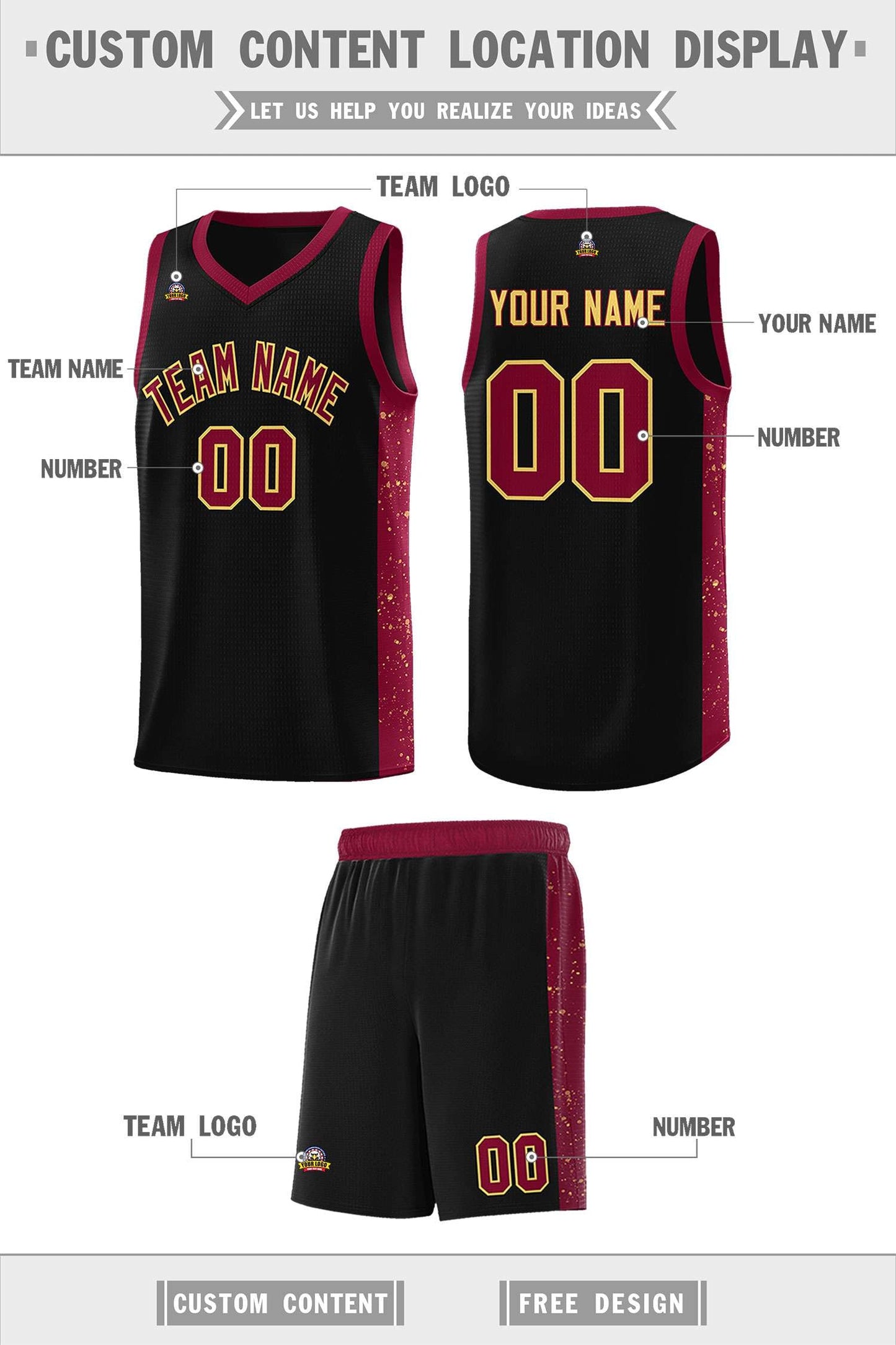 Custom Black Crimson-Khaki Side Splash Sports Uniform Basketball Jersey