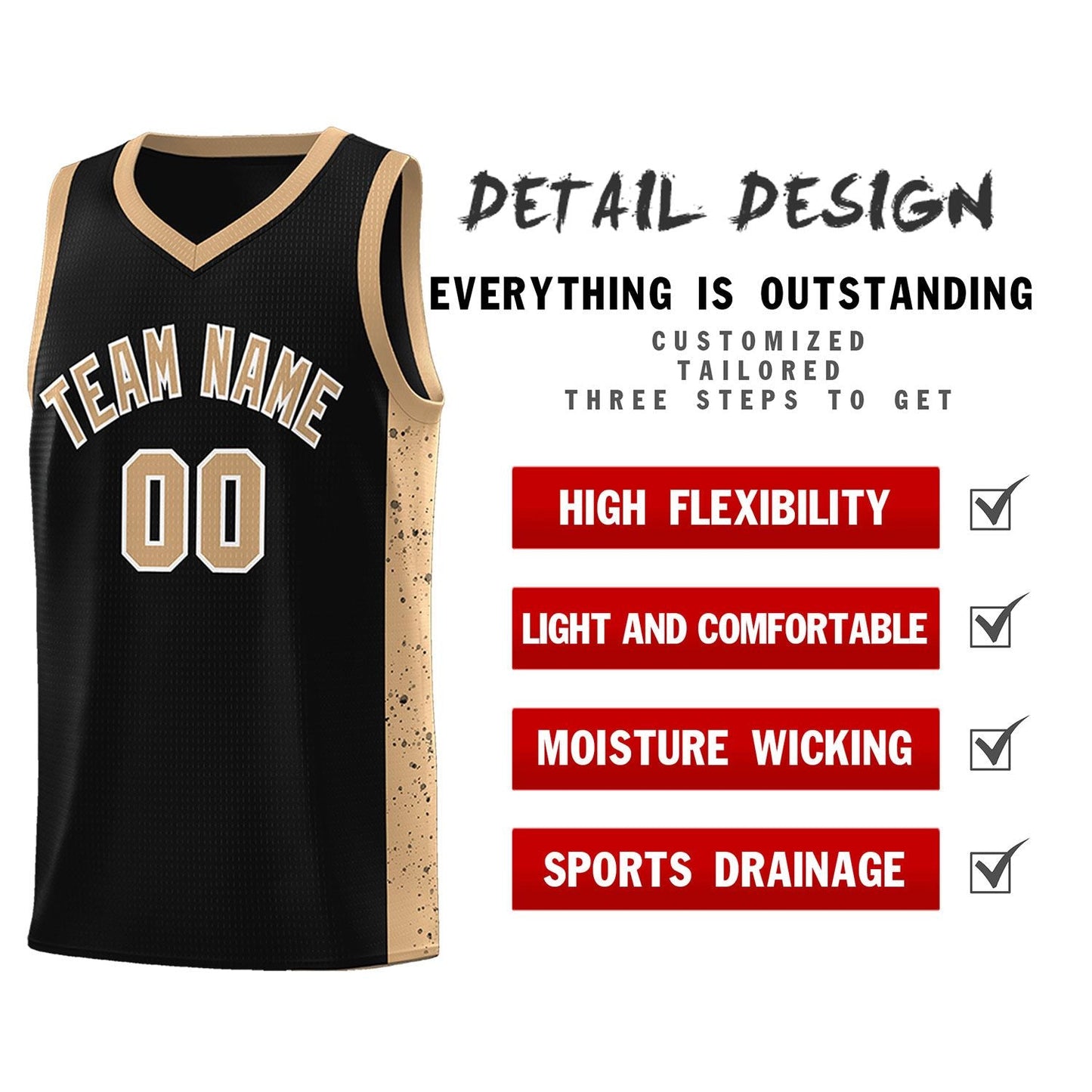 Custom Black Old Gold-White Side Splash Sports Uniform Basketball Jersey