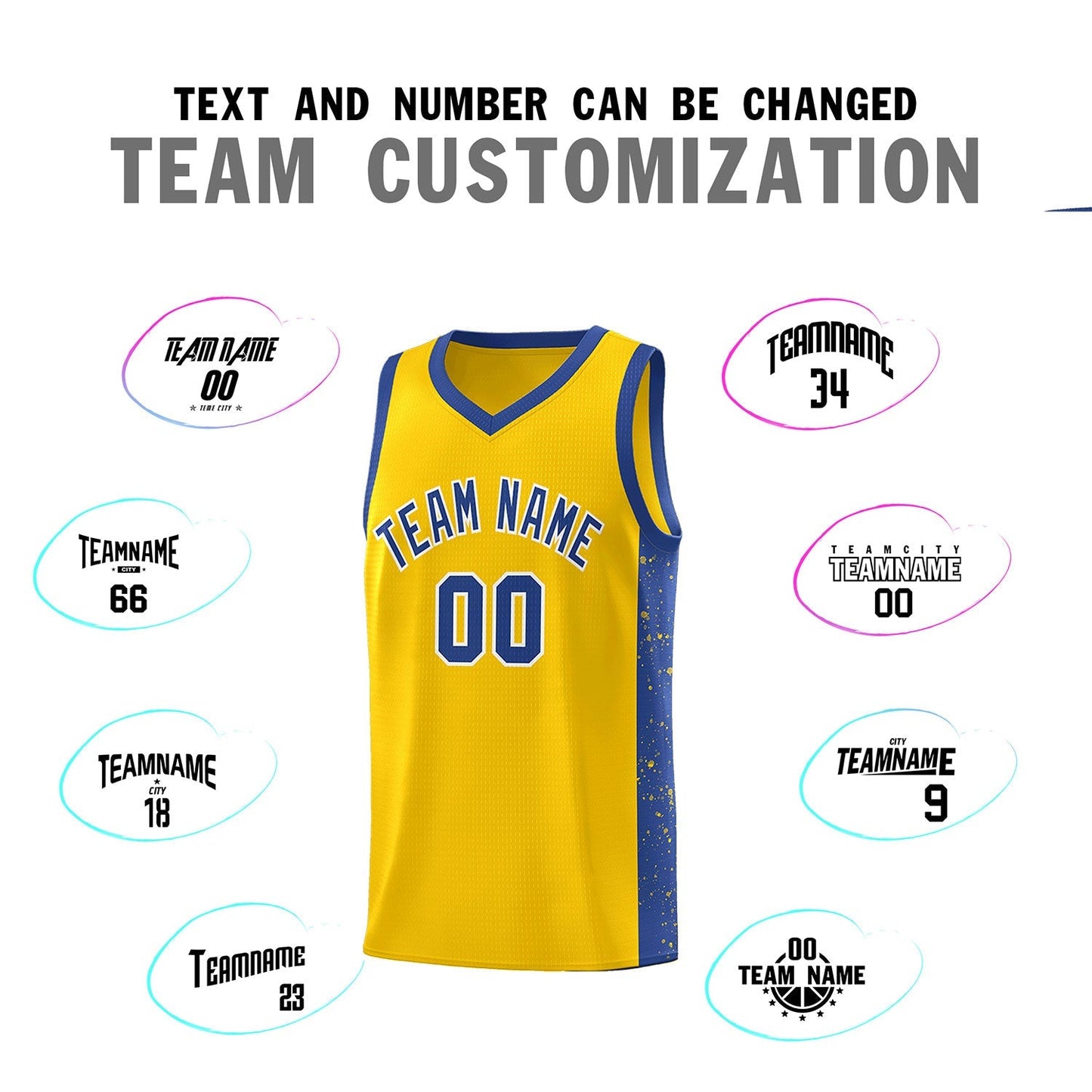 Custom Gold Royal-White Side Splash Sports Uniform Basketball Jersey