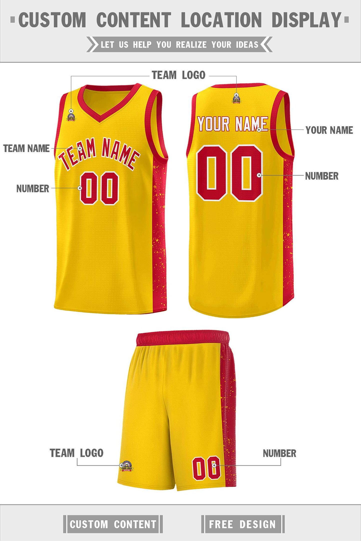 Custom Gold Red-White Side Splash Sports Uniform Basketball Jersey