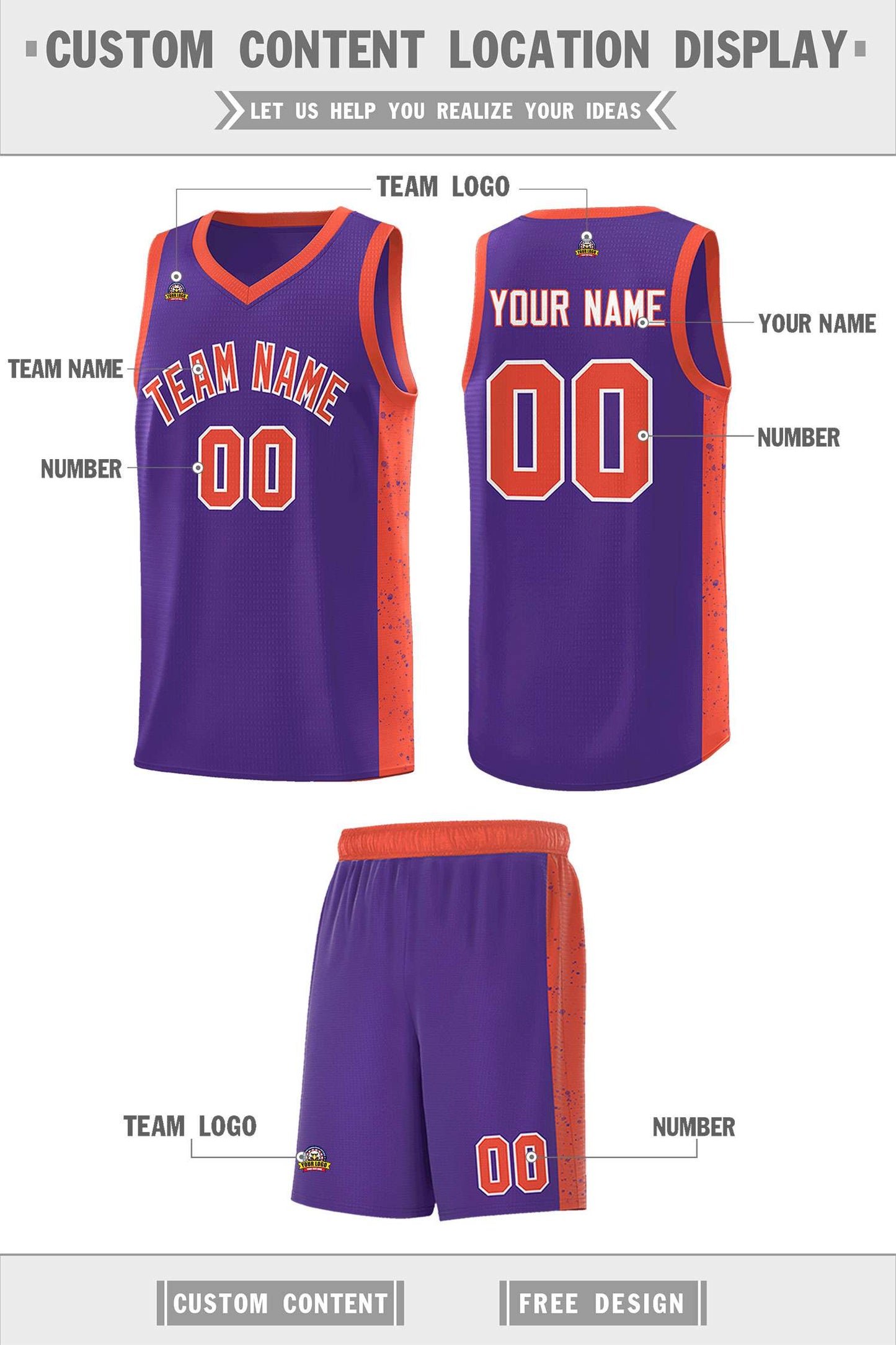 Custom Purple Orange-White Side Splash Sports Uniform Basketball Jersey