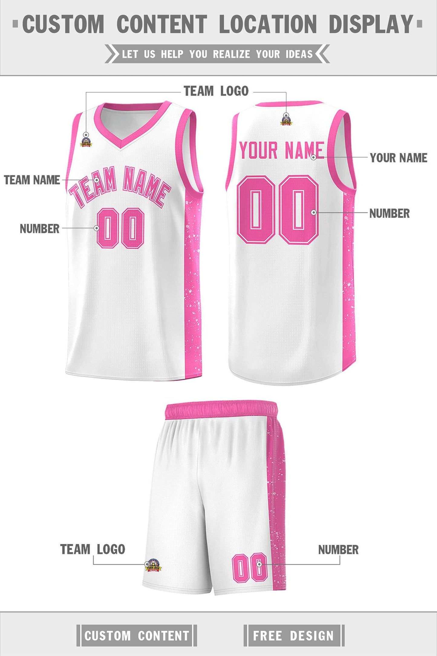 Custom White Pink Side Splash Sports Uniform Basketball Jersey