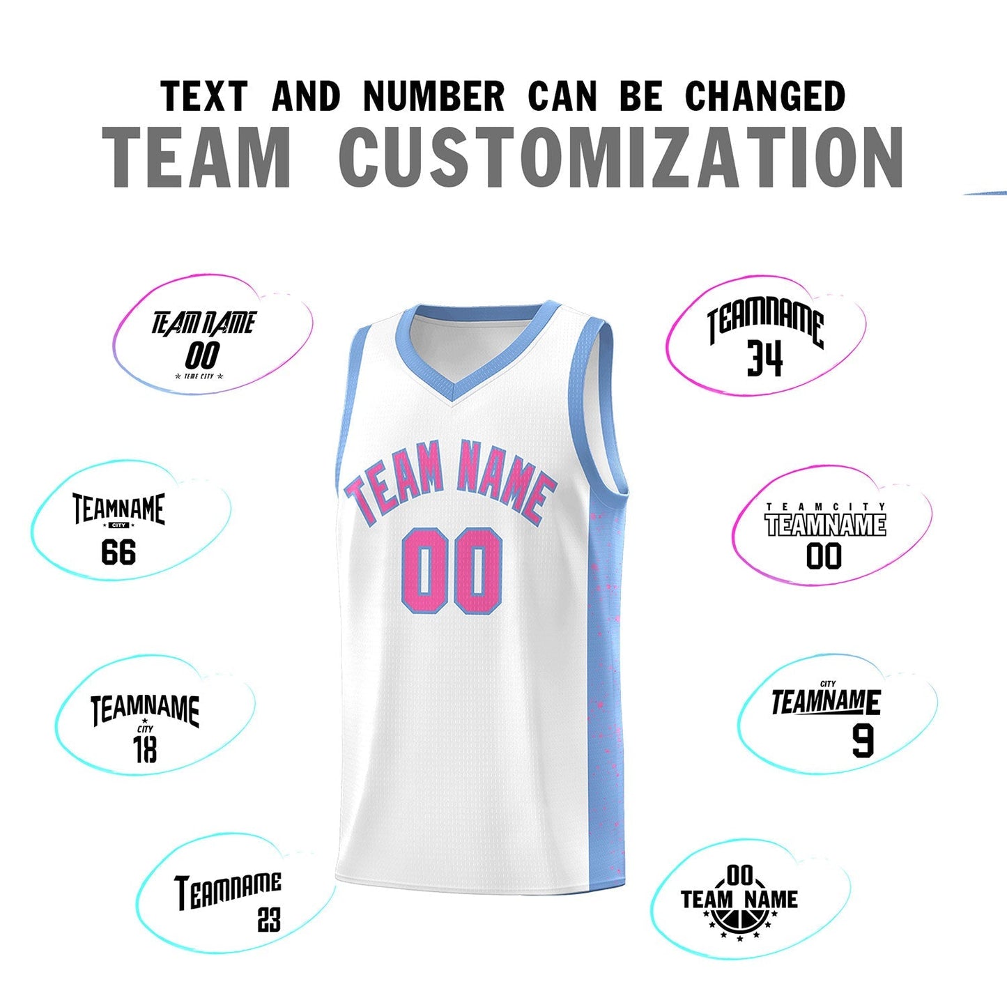 Custom White Pink-Light Blue Side Splash Sports Uniform Basketball Jersey