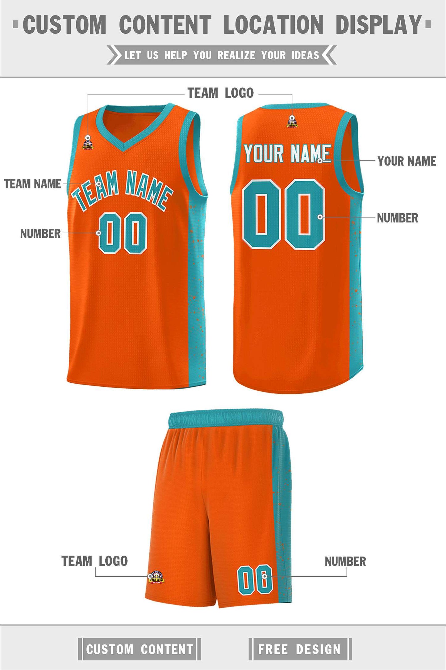 Custom Orange Aqua-White Side Splash Sports Uniform Basketball Jersey