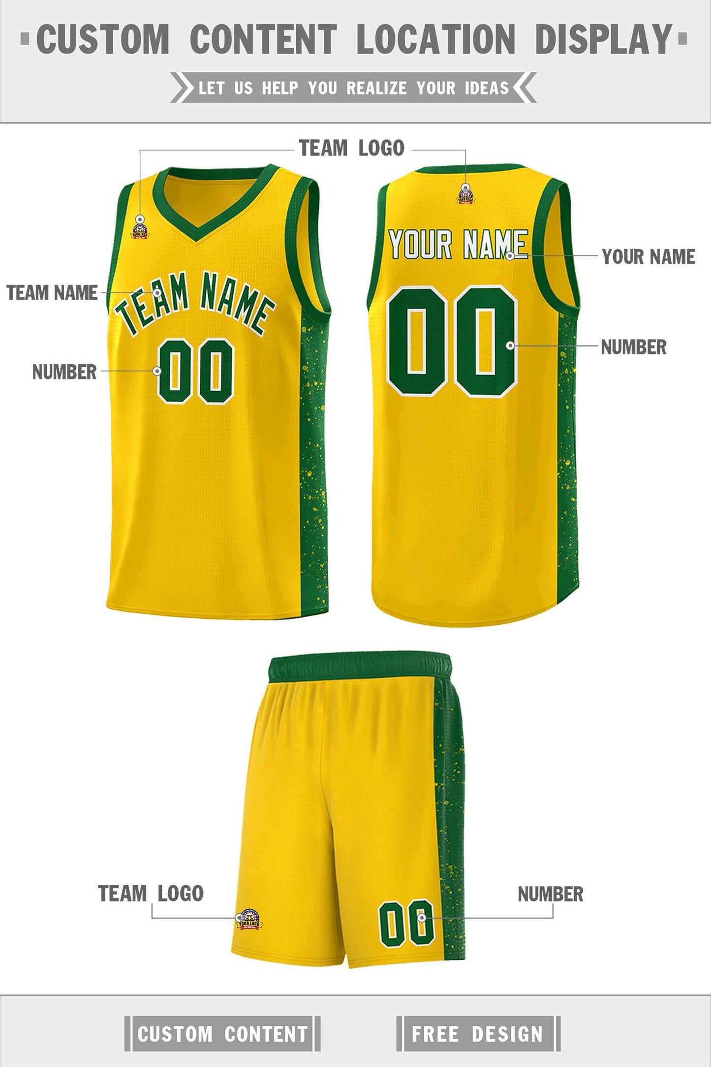 Custom Yellow Green-White Side Splash Sports Uniform Basketball Jersey