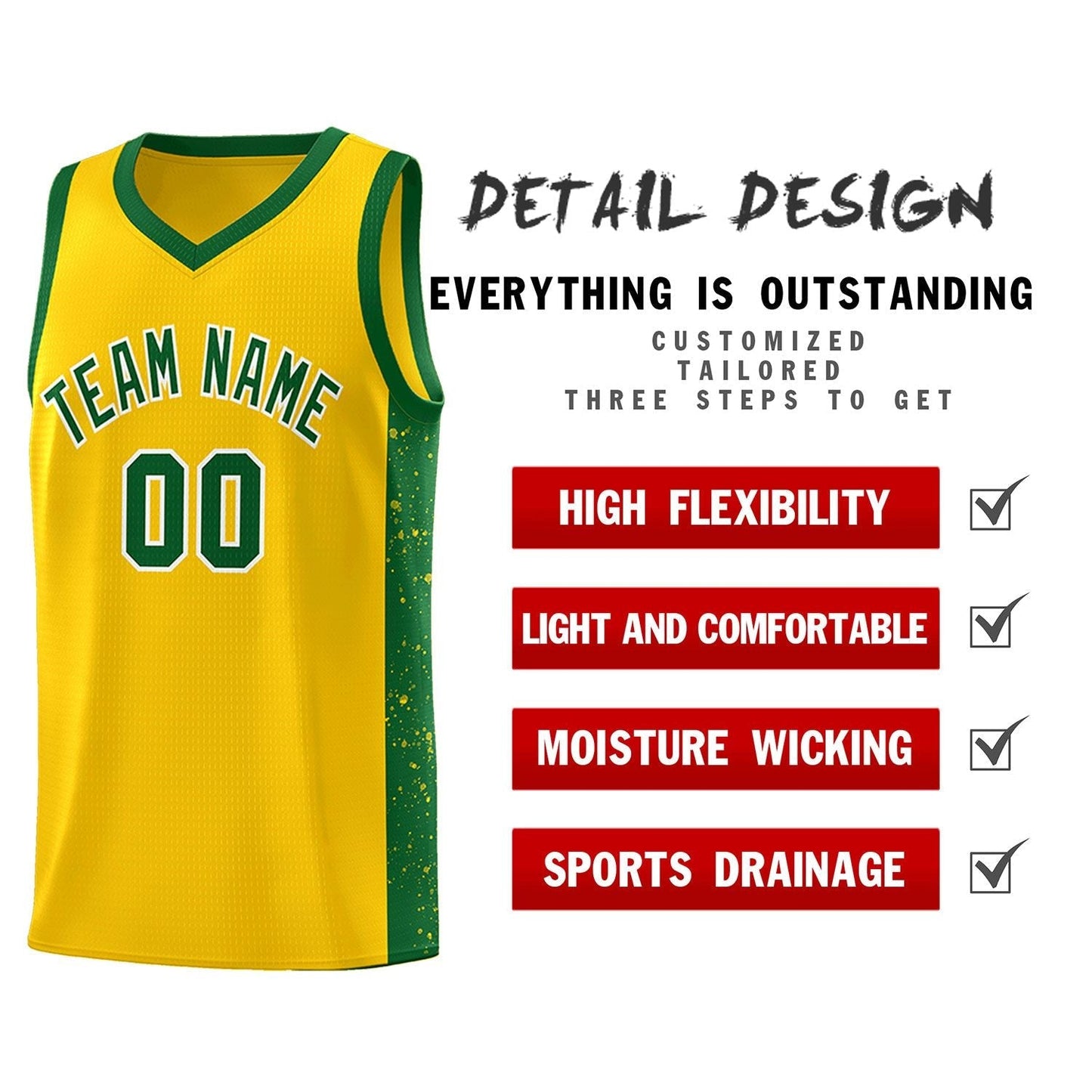 Custom Yellow Green-White Side Splash Sports Uniform Basketball Jersey