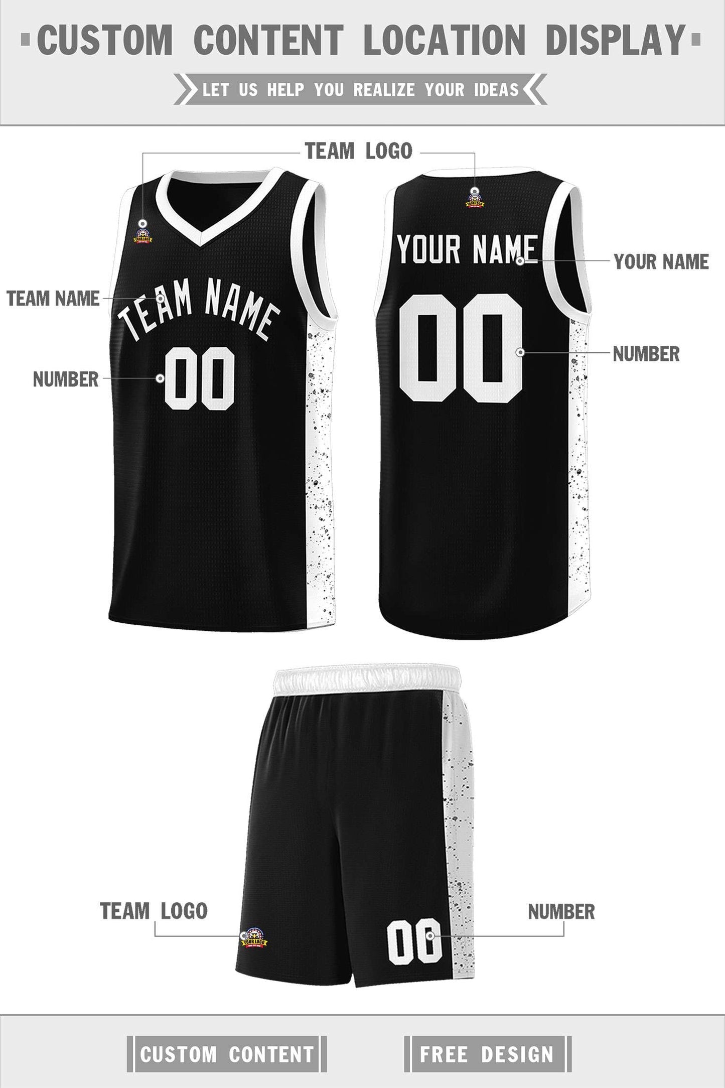 Custom Black White Side Splash Sports Uniform Basketball Jersey