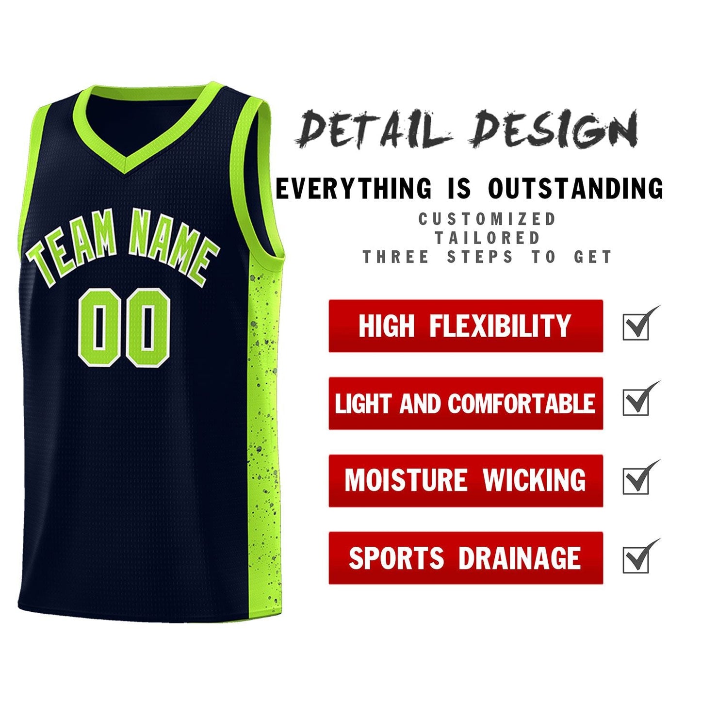 Custom Navy Neon Green-White Side Splash Sports Uniform Basketball Jersey