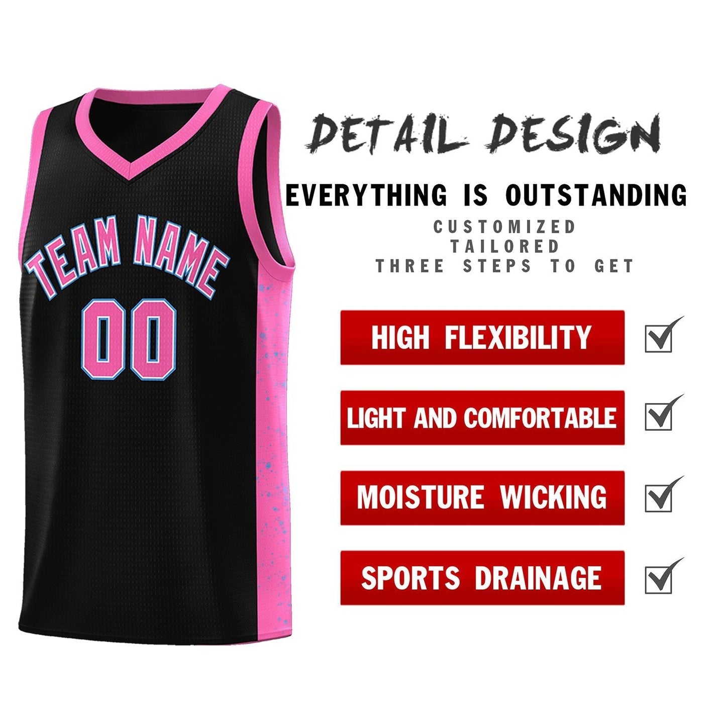 Custom Black Pink-White Side Splash Sports Uniform Basketball Jersey