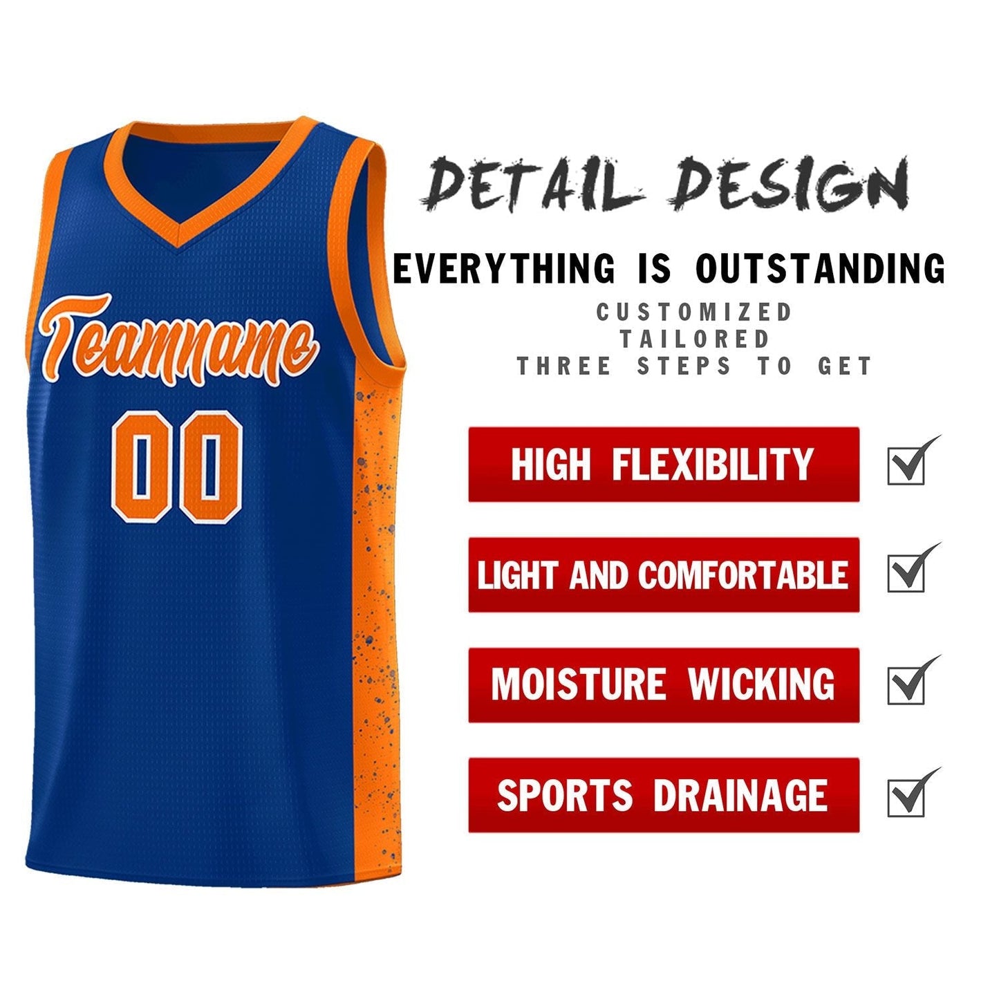 Custom Royal Orange-White Side Splash Sports Uniform Basketball Jersey