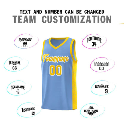 Custom Light Blue Gold-White Side Splash Sports Uniform Basketball Jersey