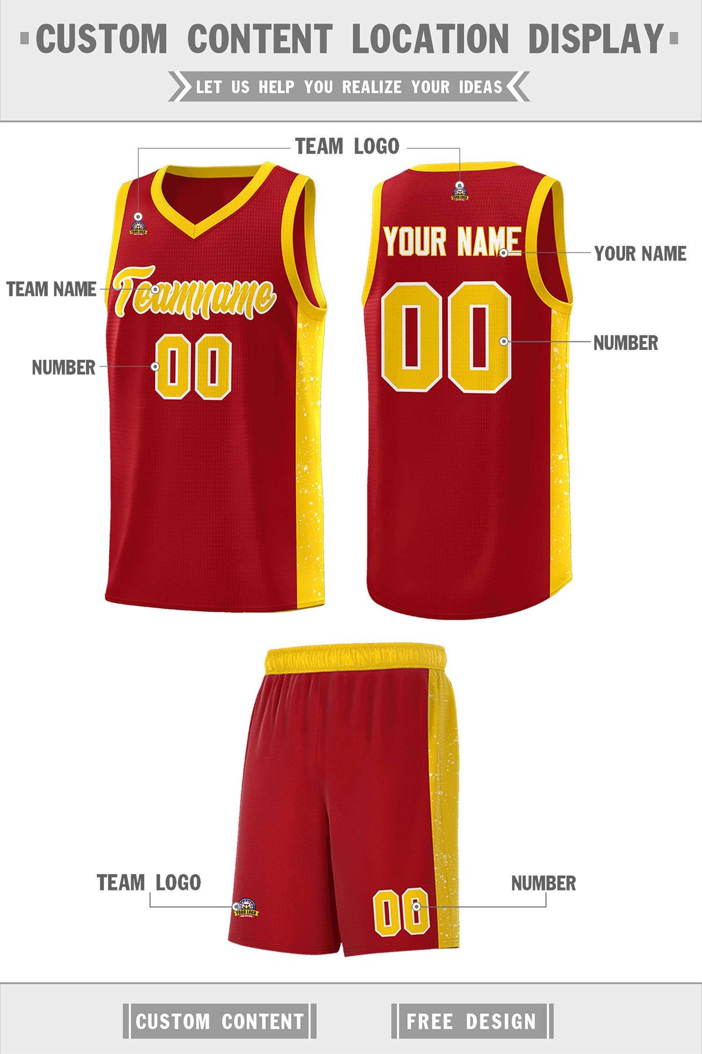 Custom Red Gold-White Side Splash Sports Uniform Basketball Jersey