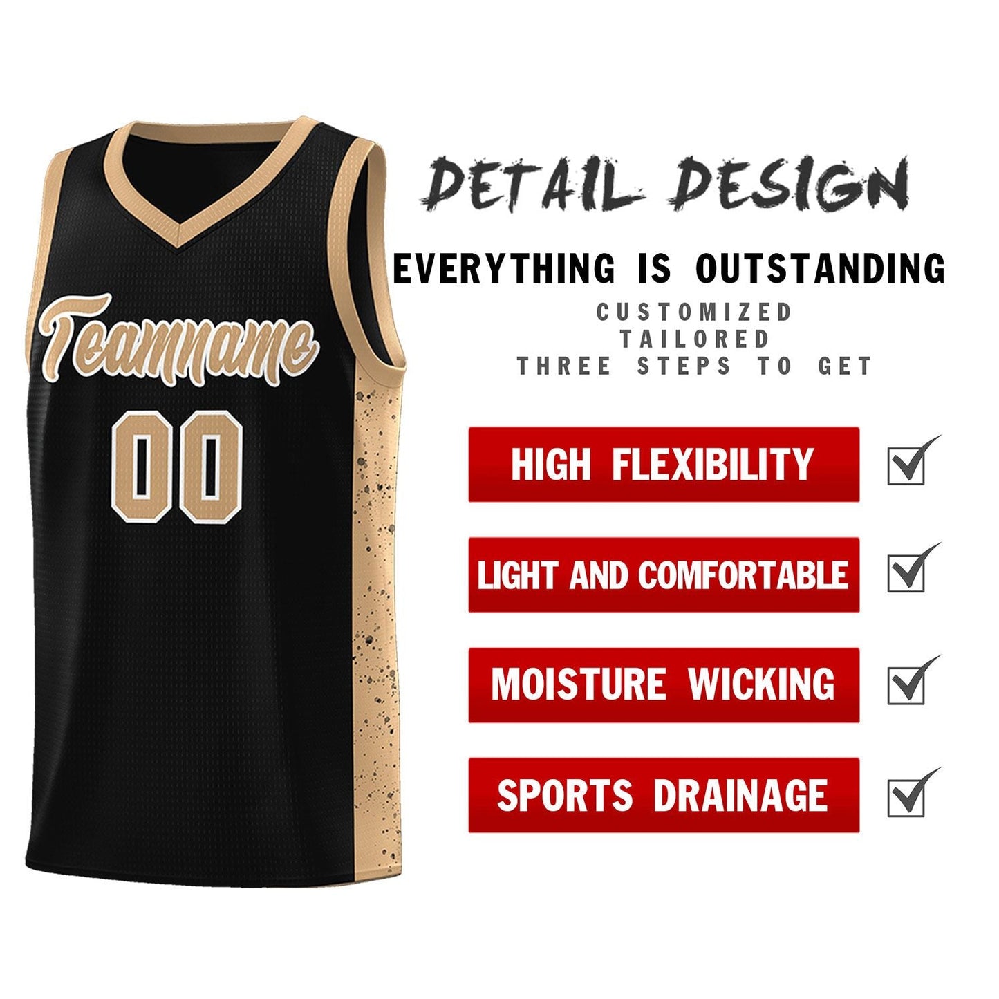 Custom Black Old Gold-White Side Splash Sports Uniform Basketball Jersey