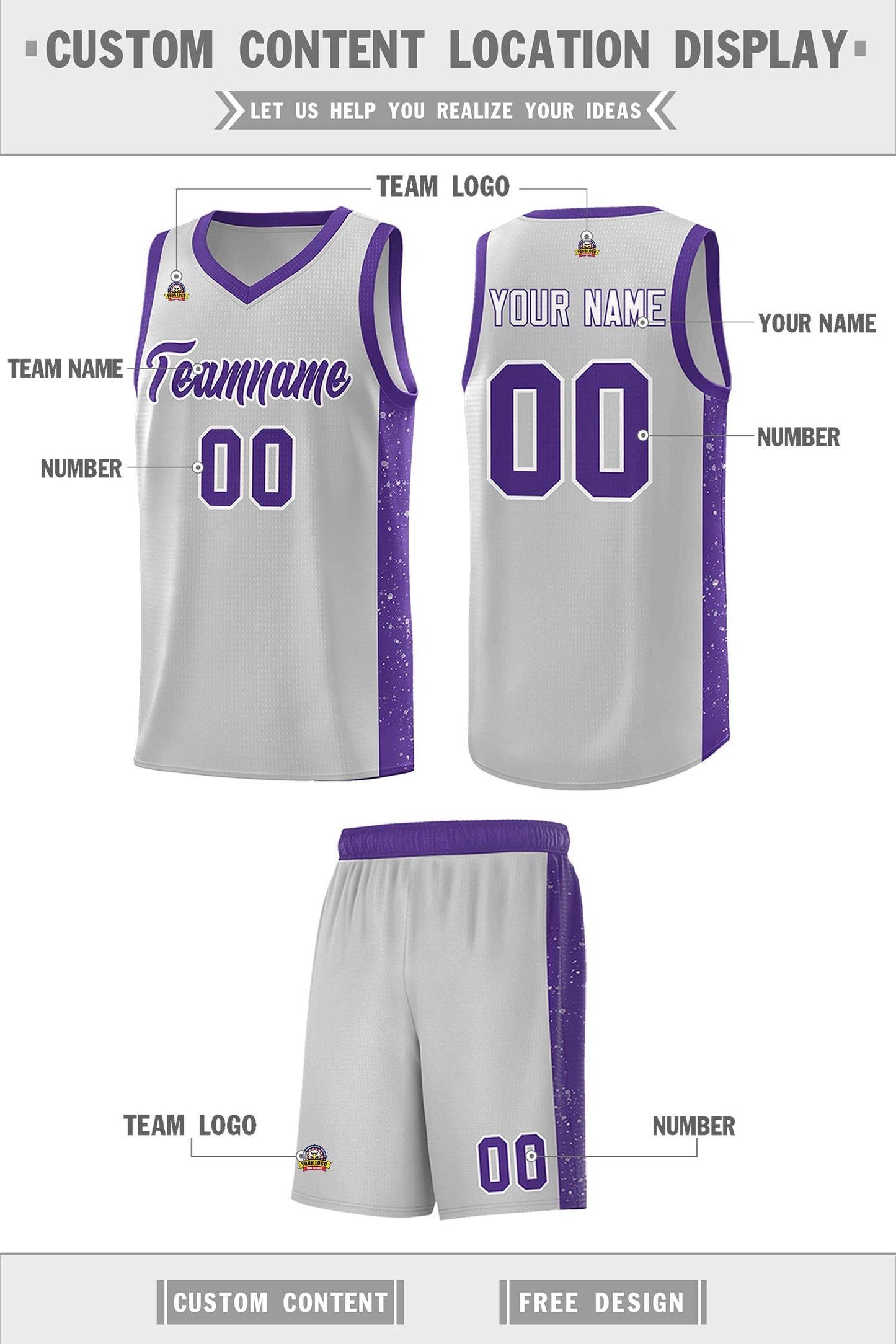 Custom Gray Purple-White Side Splash Sports Uniform Basketball Jersey