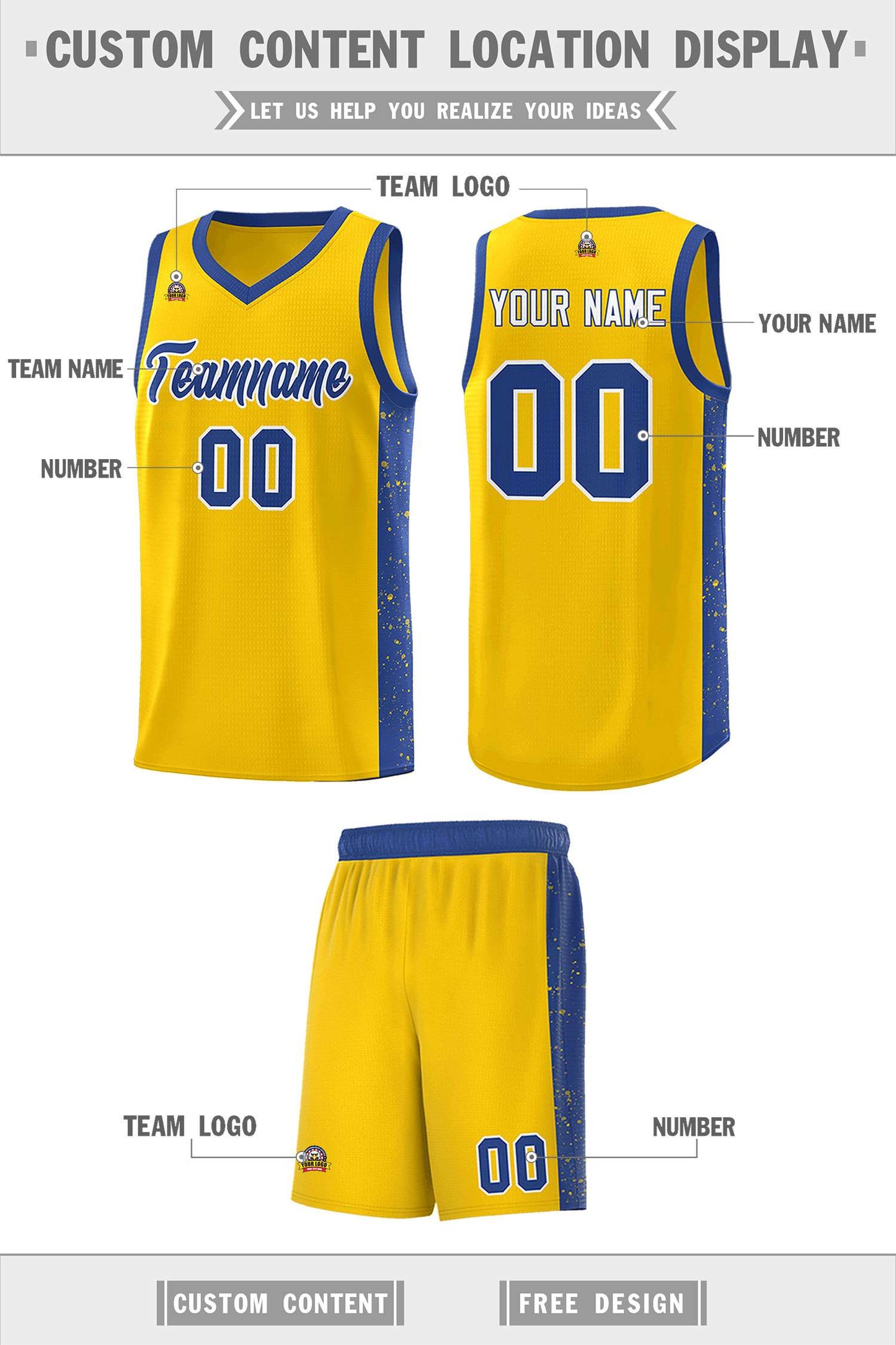 Custom Gold Royal-White Side Splash Sports Uniform Basketball Jersey