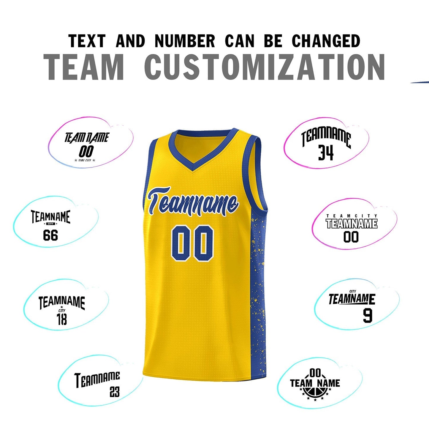 Custom Gold Royal-White Side Splash Sports Uniform Basketball Jersey