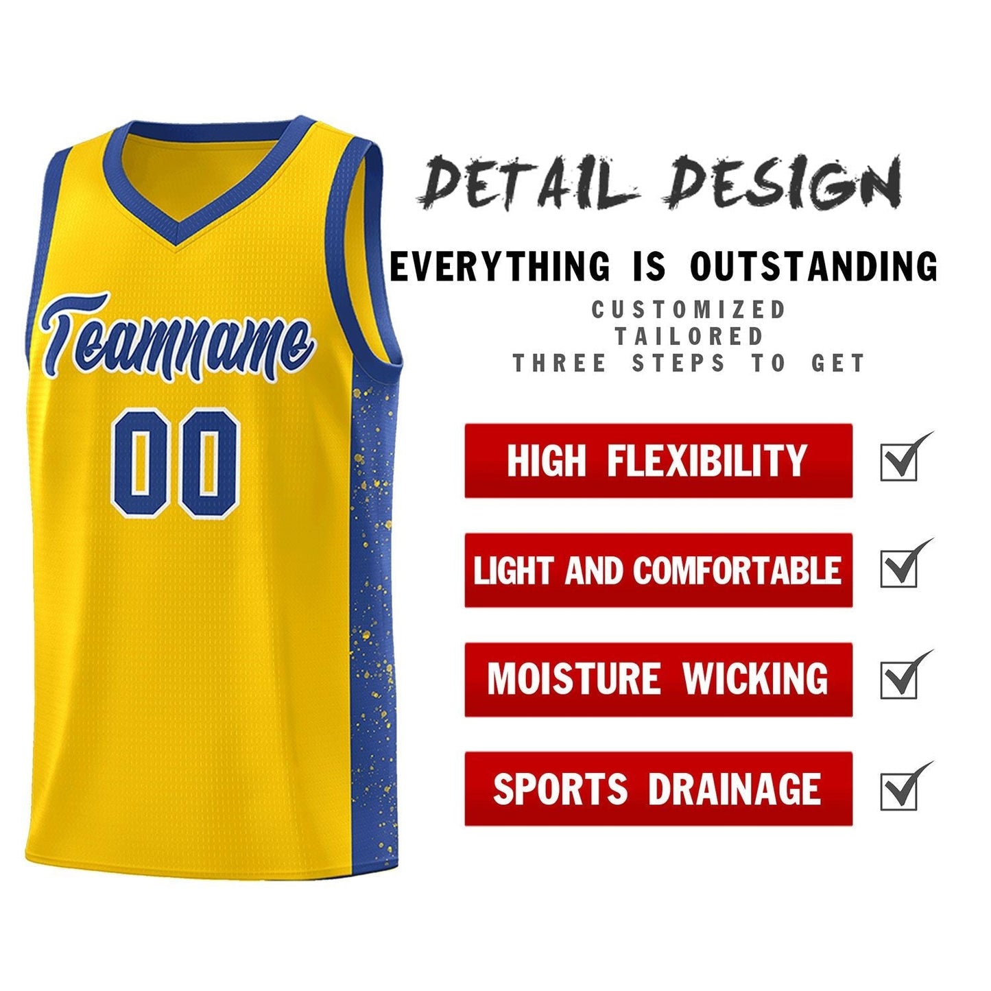 Custom Gold Royal-White Side Splash Sports Uniform Basketball Jersey