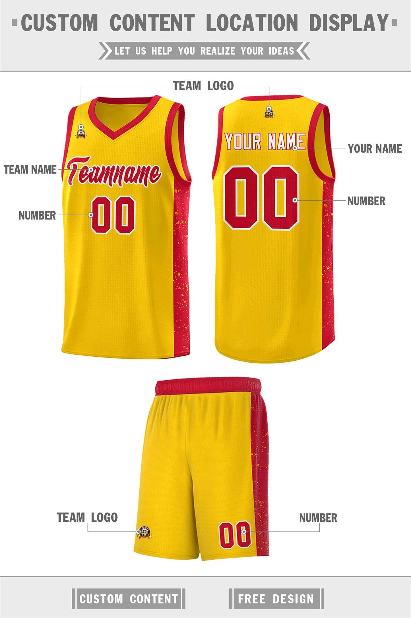 Custom Gold Red-White Side Splash Sports Uniform Basketball Jersey