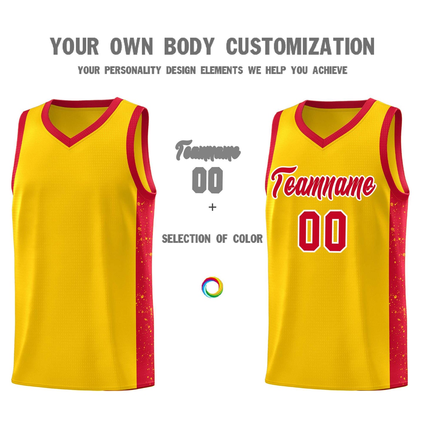 Custom Gold Red-White Side Splash Sports Uniform Basketball Jersey