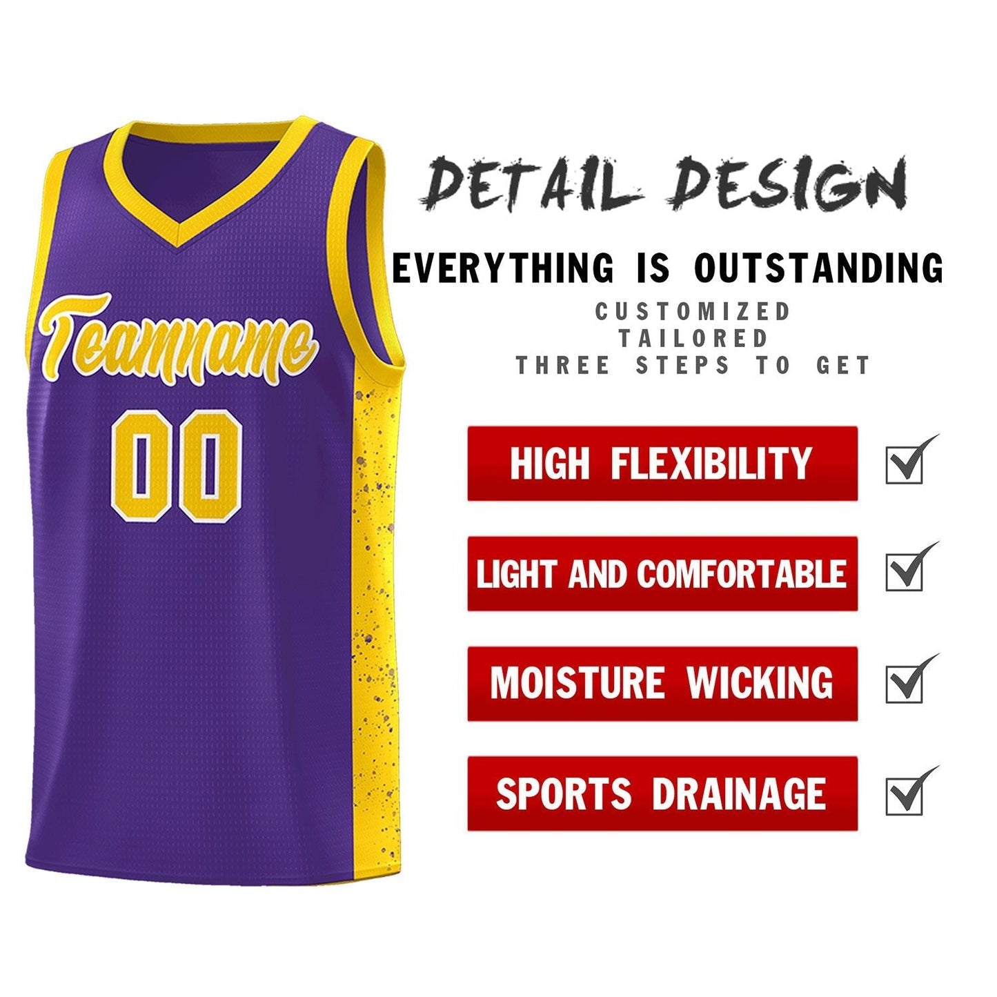 Custom Purple Gold-White Side Splash Sports Uniform Basketball Jersey