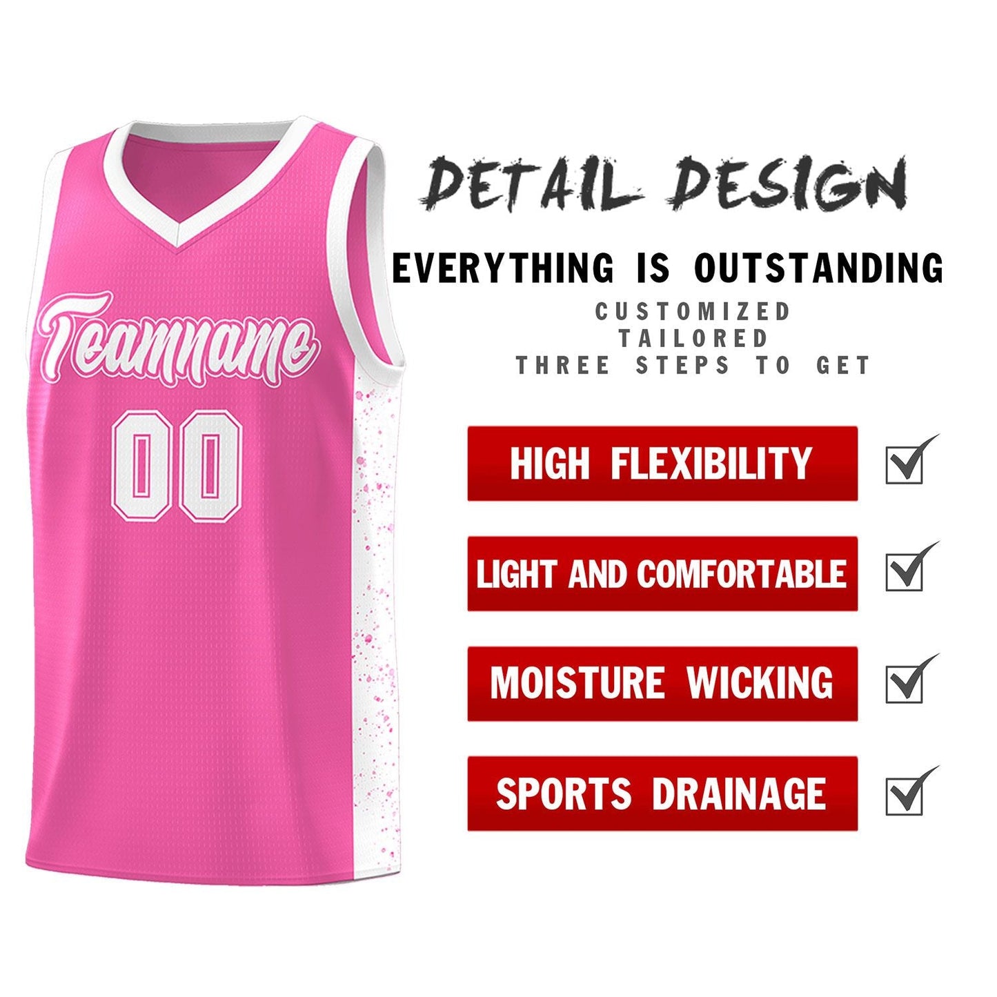 Custom Pink White Side Splash Sports Uniform Basketball Jersey